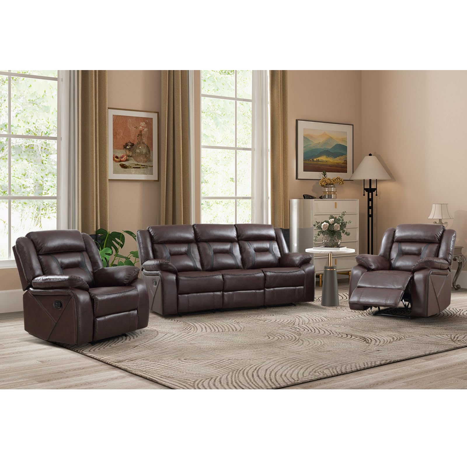 EBELLO Faux Leather Recliner Sofa Furniture Set for Living Room, 2 Recliner Chairs, 3 Seat Reclining Sofa Couch Set for Meeting Room, Brown Gronata