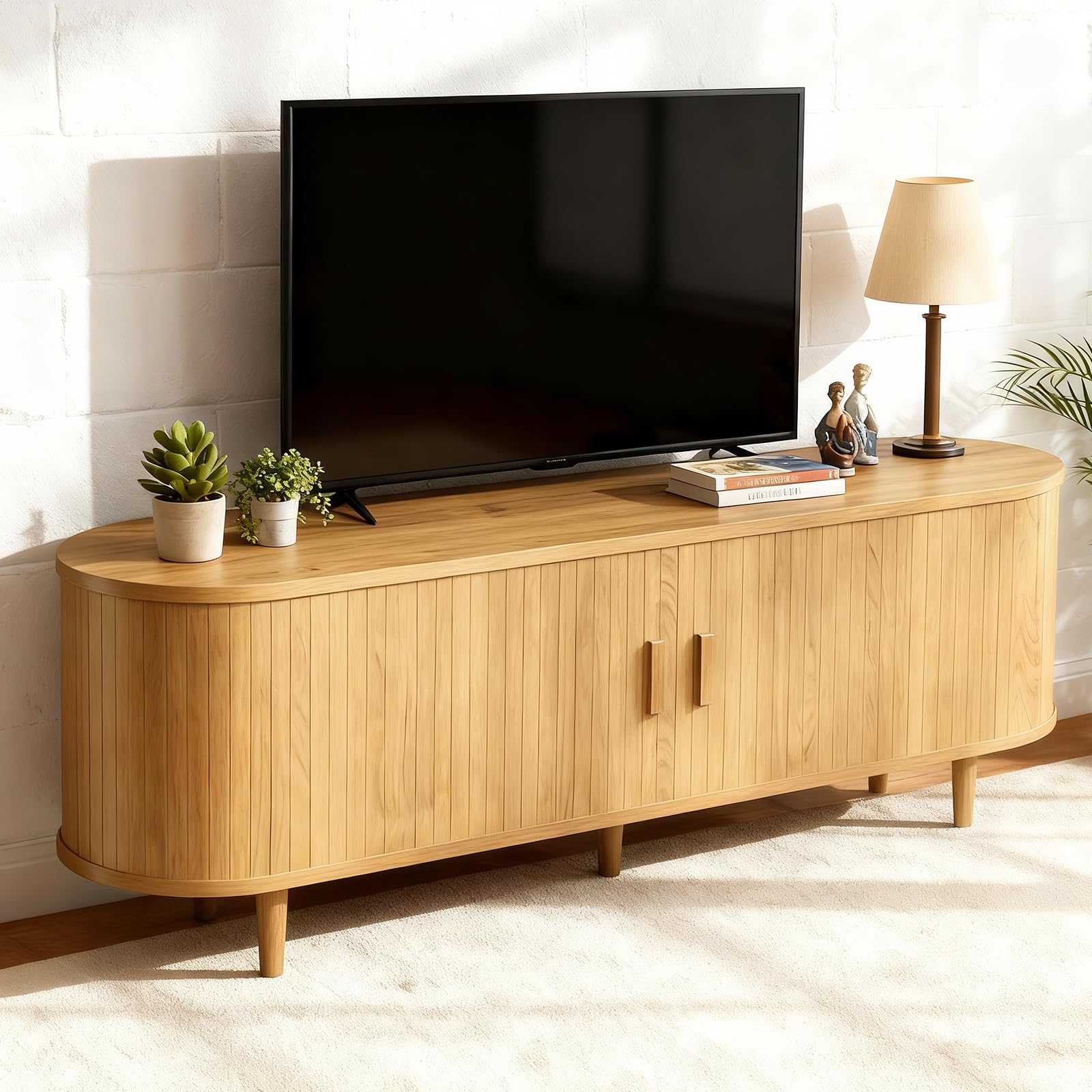 OneBlis 70" Mid Century Modern TV Stand, Wood TV Consoles with Sliding Doors and Power Outlet, Entertainment Center with Adjustable Shelves, Fluted TV Stands for Living Room, Walnut Gronata