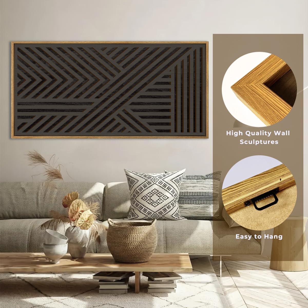 IARTTOP Large Boho Mid-century Modern Wood Wall Art 16x32 Inch Framed Green Abstract Leaf Wooden Wall Decor Bohemian Minimalist Geometric Wall Art Decor for Bedroom Living Room Office Set of 3 Gronata