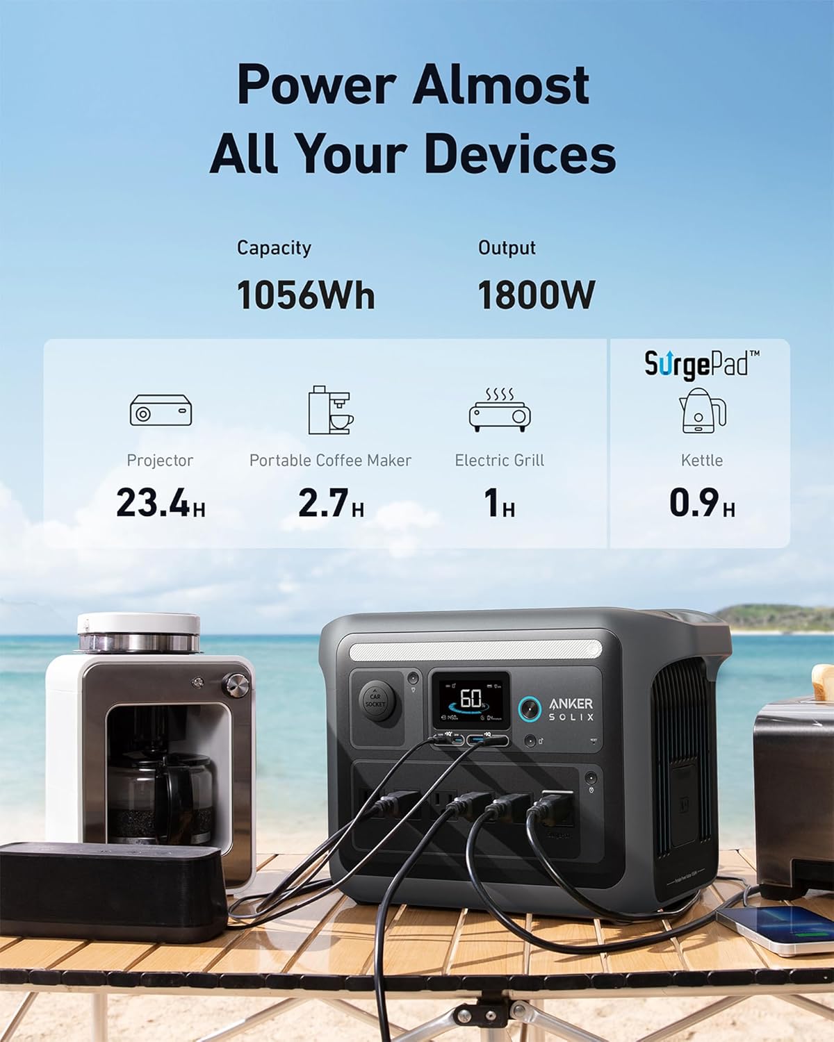 Anker SOLIX C1000 Portable Power Station with 400W Solar Panel, 1800W Solar Generator, 1056wh LFP (LiFePO4) Battery, 6 AC Outlets, Up to 2400W for Home, Power Outages, and Outdoor Camping Gronata