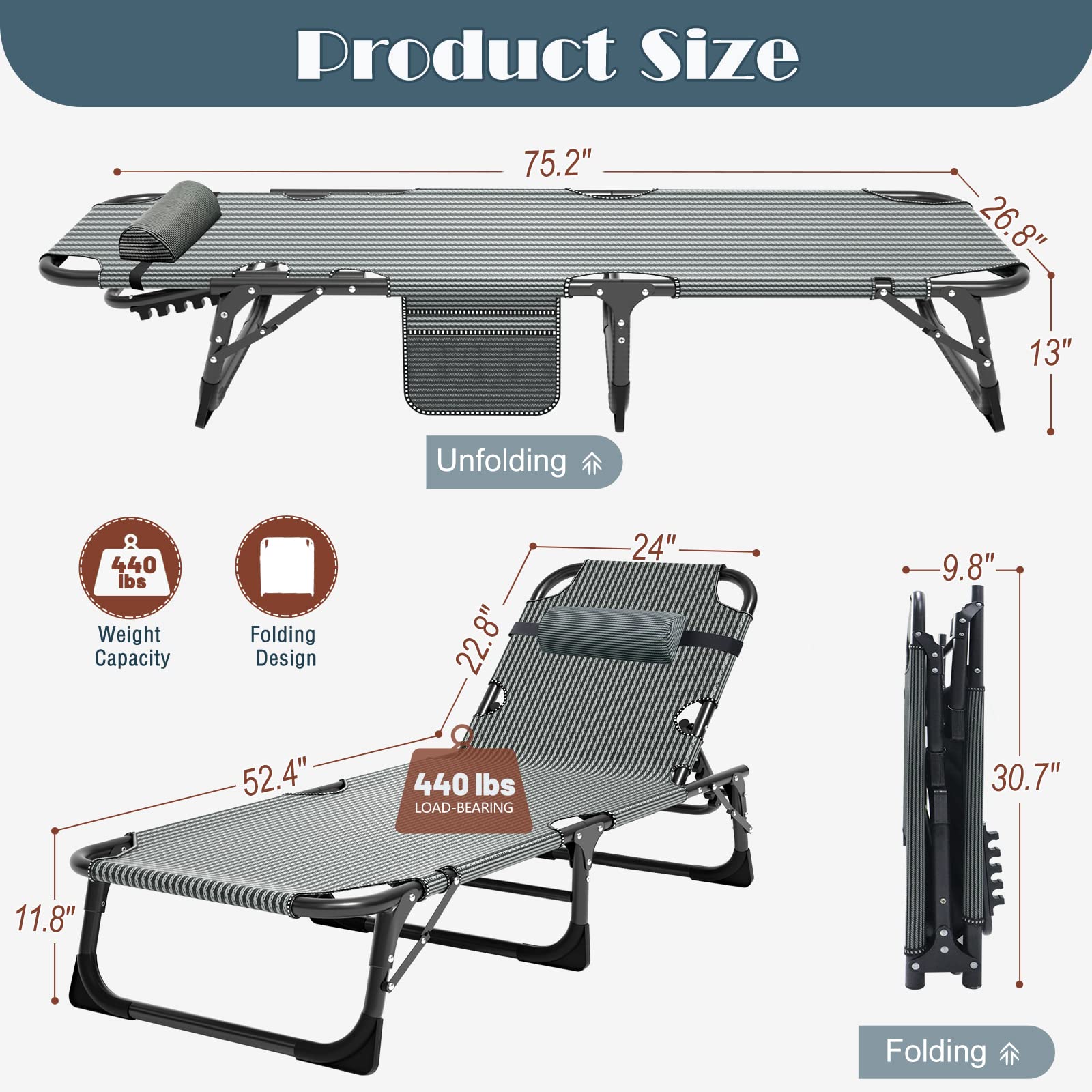 DoCred Heavy Duty Chaise Lounge Chair, Adjustable 5-Position Folding Chaise Lounge Chairs for Outside, Portable Lay Flat Beach Lounge Chair for Outdoor Sunbathing Beach Pool Lawn Camping Gronata
