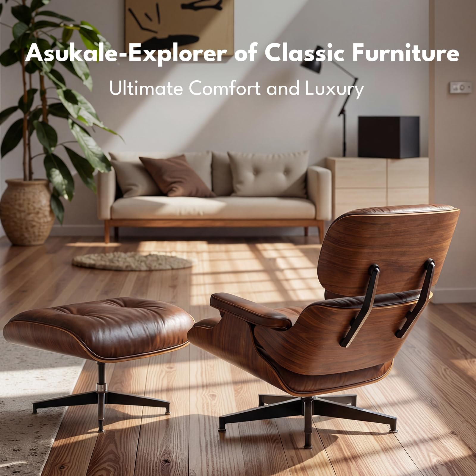 Asukale Top Grain Leather, Mid Century Chaise Lounge Chair and Ottoman, Modern Chair Classic Design, Heavy Duty Base Support for Living Room Study Lounge Office, Palisander-White Gronata
