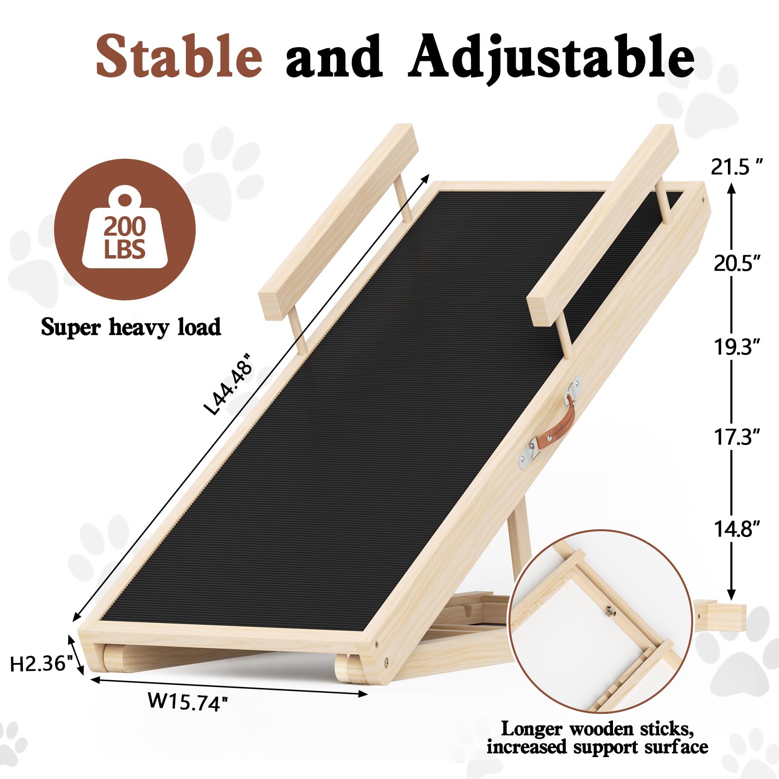 Chuiendi Dog Ramp for High Bed, Couch, Car, Pet Ramps 55.12" Long Adjustable 19.3"-27.17" Wooden Dog Step with Anti-slip Rubber Mat & Safety Side Rails for Small Medium Large Older Pets, up to 250 lbs Gronata