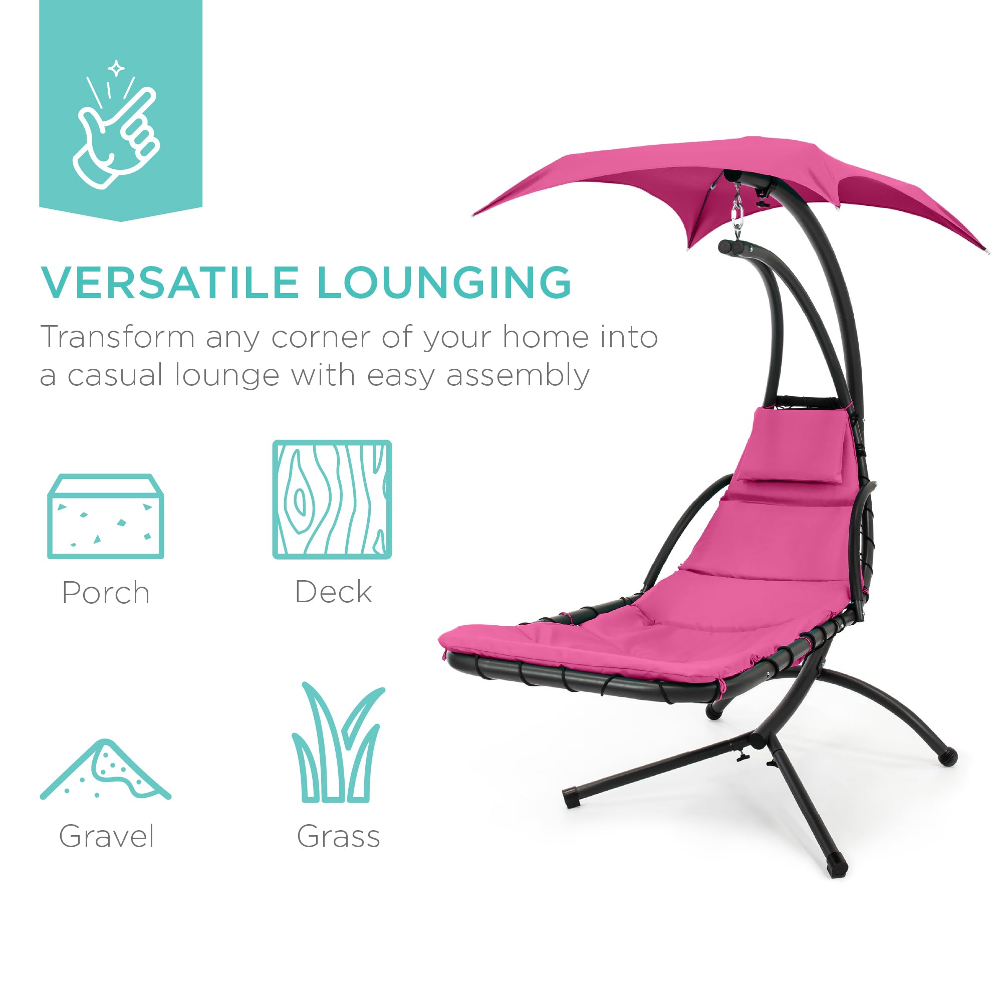 Best Choice Products Outdoor Hanging Curved Steel Chaise Lounge Chair Swing w/Built-in Pillow and Removable Canopy - Navy Blue Gronata