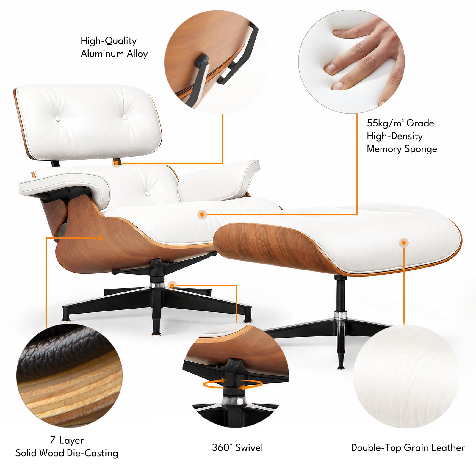 Asukale Top Grain Leather, Mid Century Chaise Lounge Chair and Ottoman, Modern Chair Classic Design, Heavy Duty Base Support for Living Room Study Lounge Office, Palisander-White Gronata