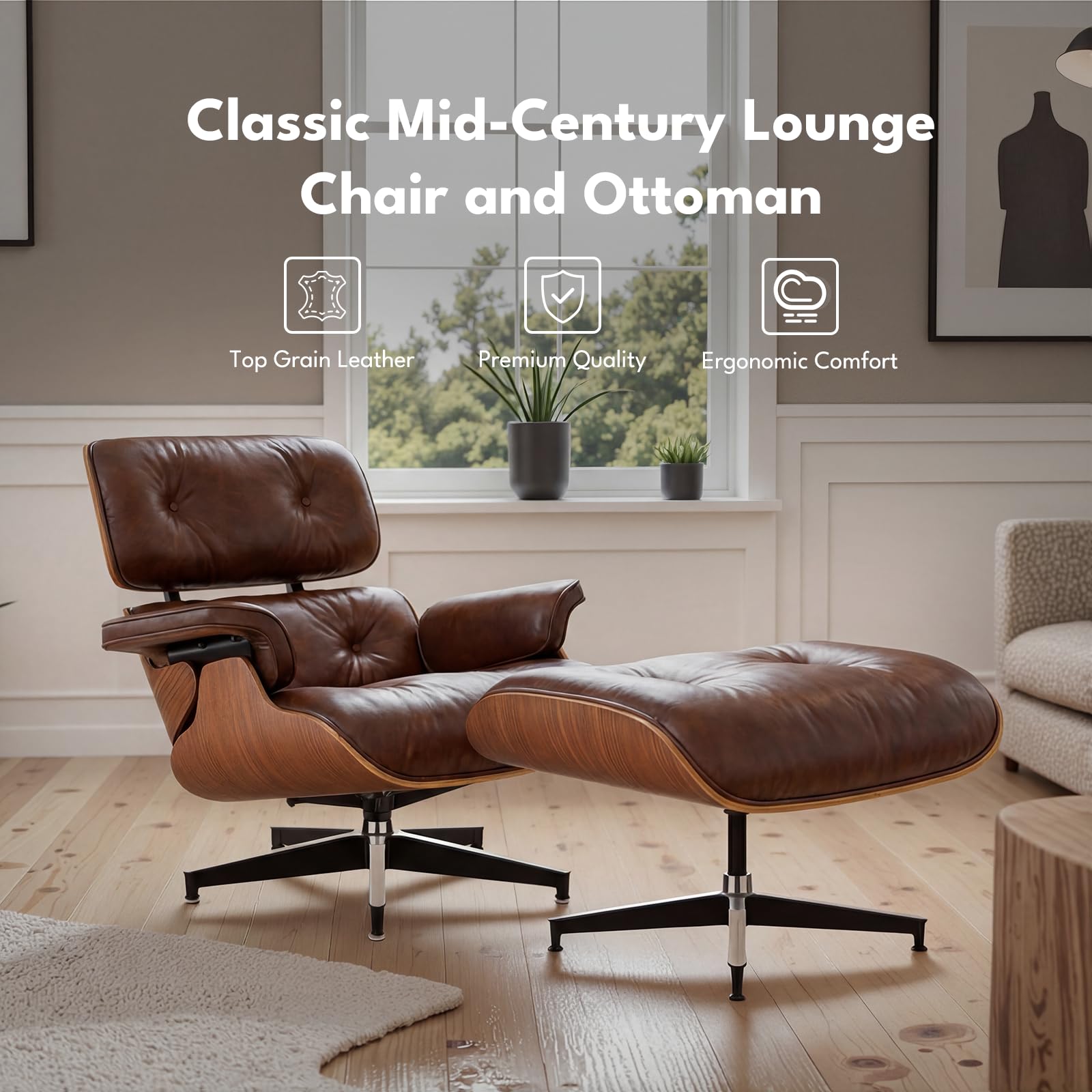 Asukale Top Grain Leather, Mid Century Chaise Lounge Chair and Ottoman, Modern Chair Classic Design, Heavy Duty Base Support for Living Room Study Lounge Office, Palisander-White Gronata