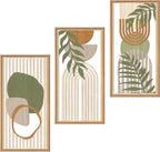 IARTTOP Large Boho Mid-century Modern Wood Wall Art 16x32 Inch Framed Green Abstract Leaf Wooden Wall Decor Bohemian Minimalist Geometric Wall Art Decor for Bedroom Living Room Office Set of 3 Gronata