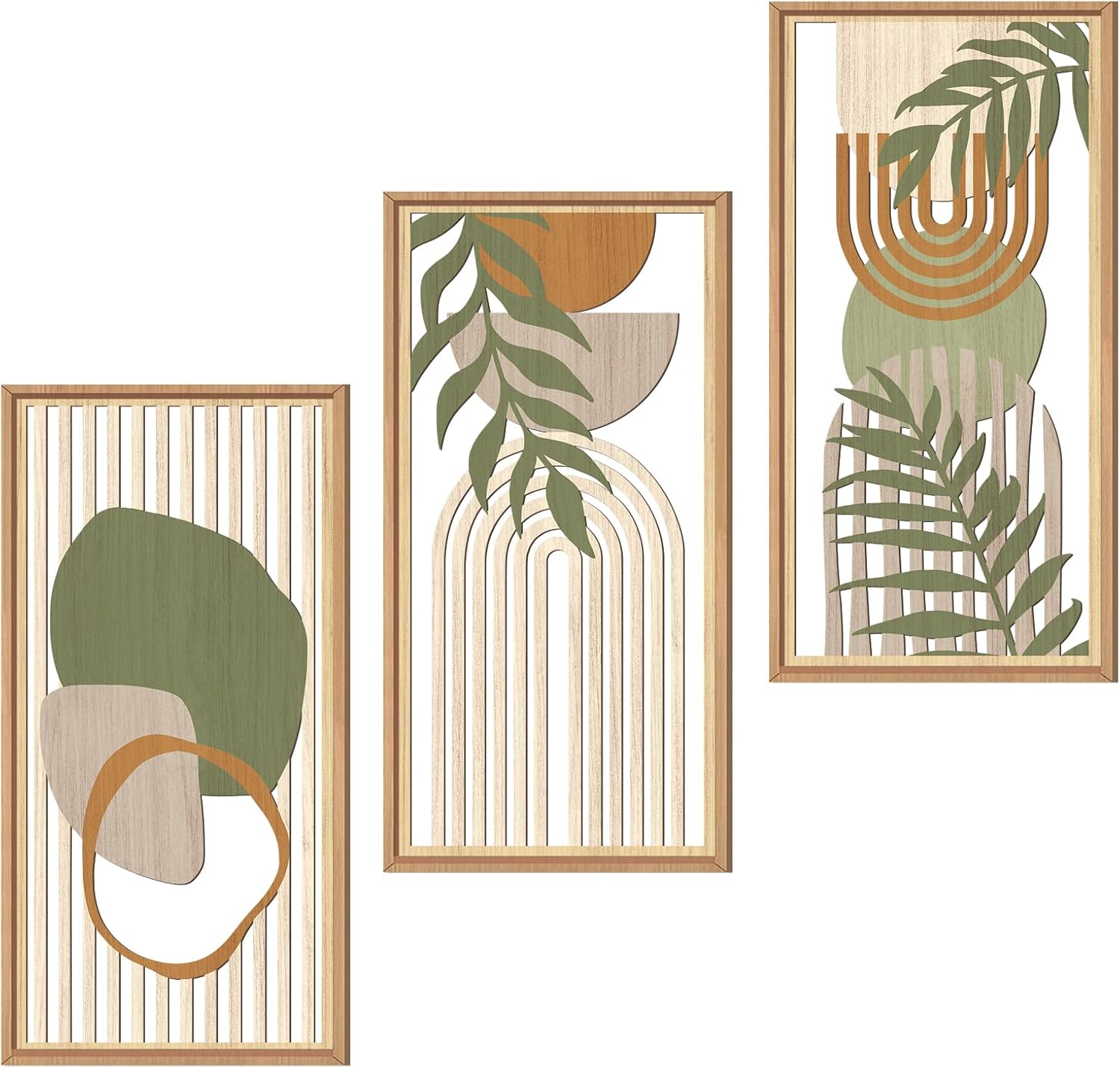 IARTTOP Large Boho Mid-century Modern Wood Wall Art 16x32 Inch Framed Green Abstract Leaf Wooden Wall Decor Bohemian Minimalist Geometric Wall Art Decor for Bedroom Living Room Office Set of 3 Gronata