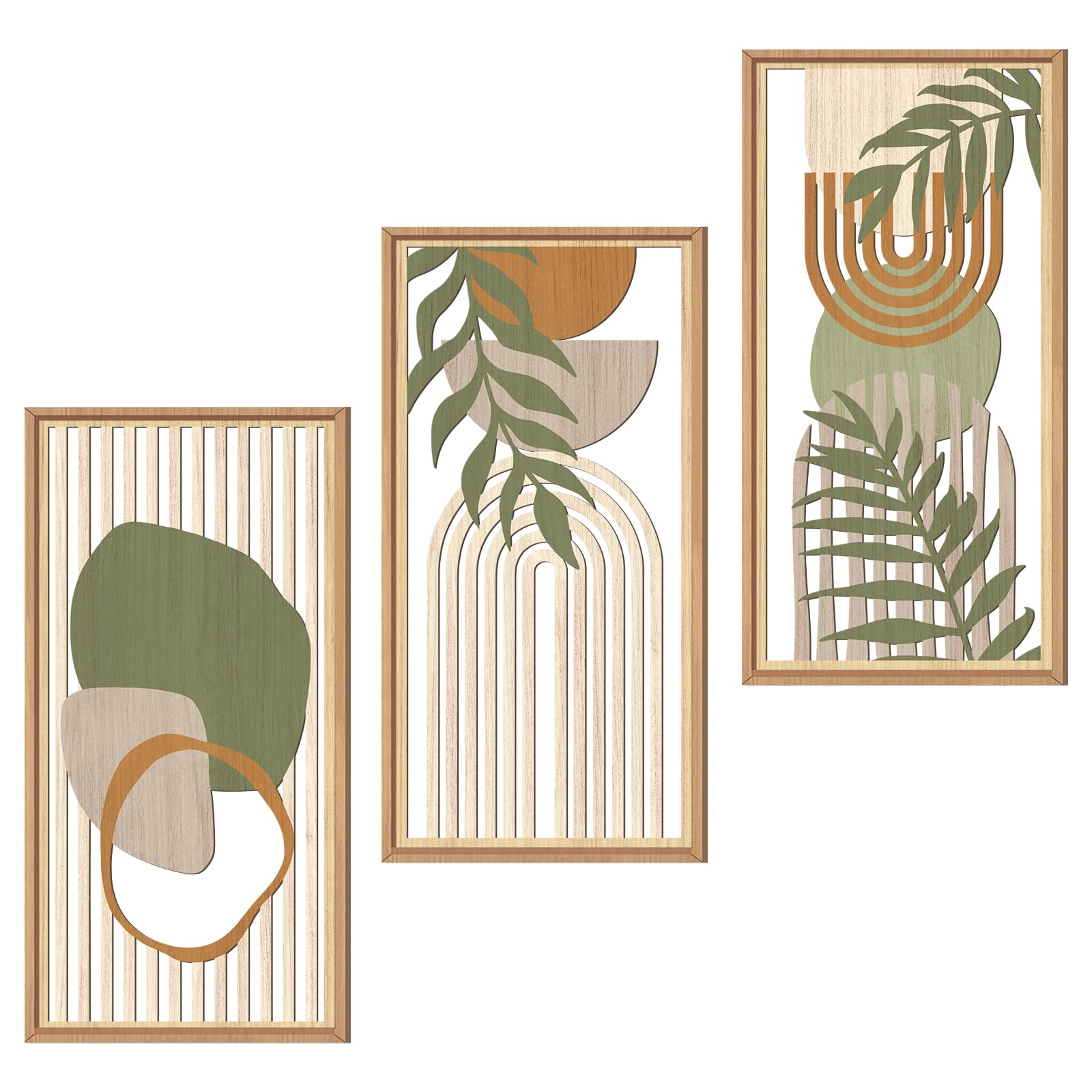 IARTTOP Large Boho Mid-century Modern Wood Wall Art 16x32 Inch Framed Green Abstract Leaf Wooden Wall Decor Bohemian Minimalist Geometric Wall Art Decor for Bedroom Living Room Office Set of 3 Gronata