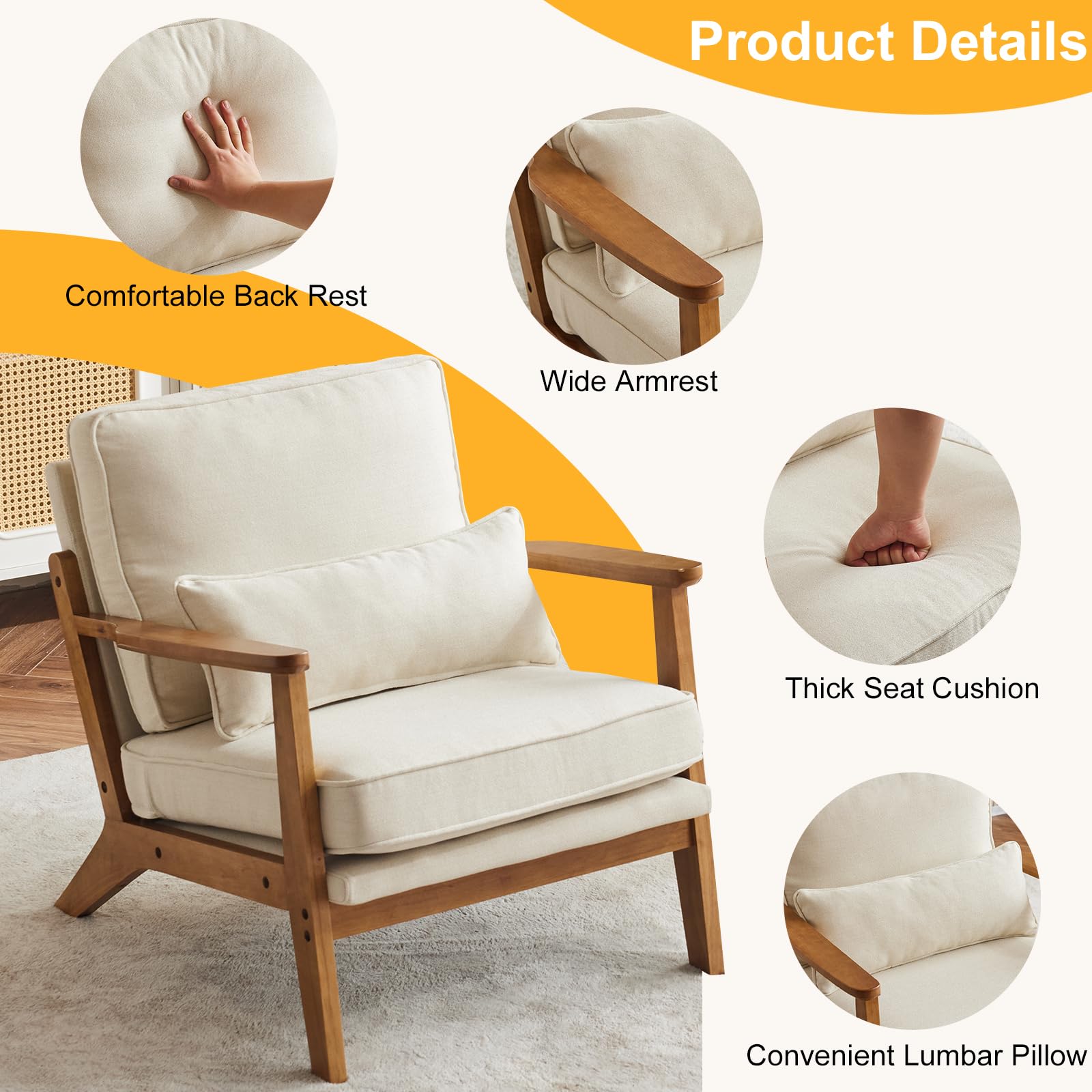 Karl home Accent Chair Wide Armrest Mid-Century Lounge Chair Linen Fabric Armchair with Lumbar Pillow & Solid Wood Frame for Living Room, Bedroom, Balcony, Green Gronata
