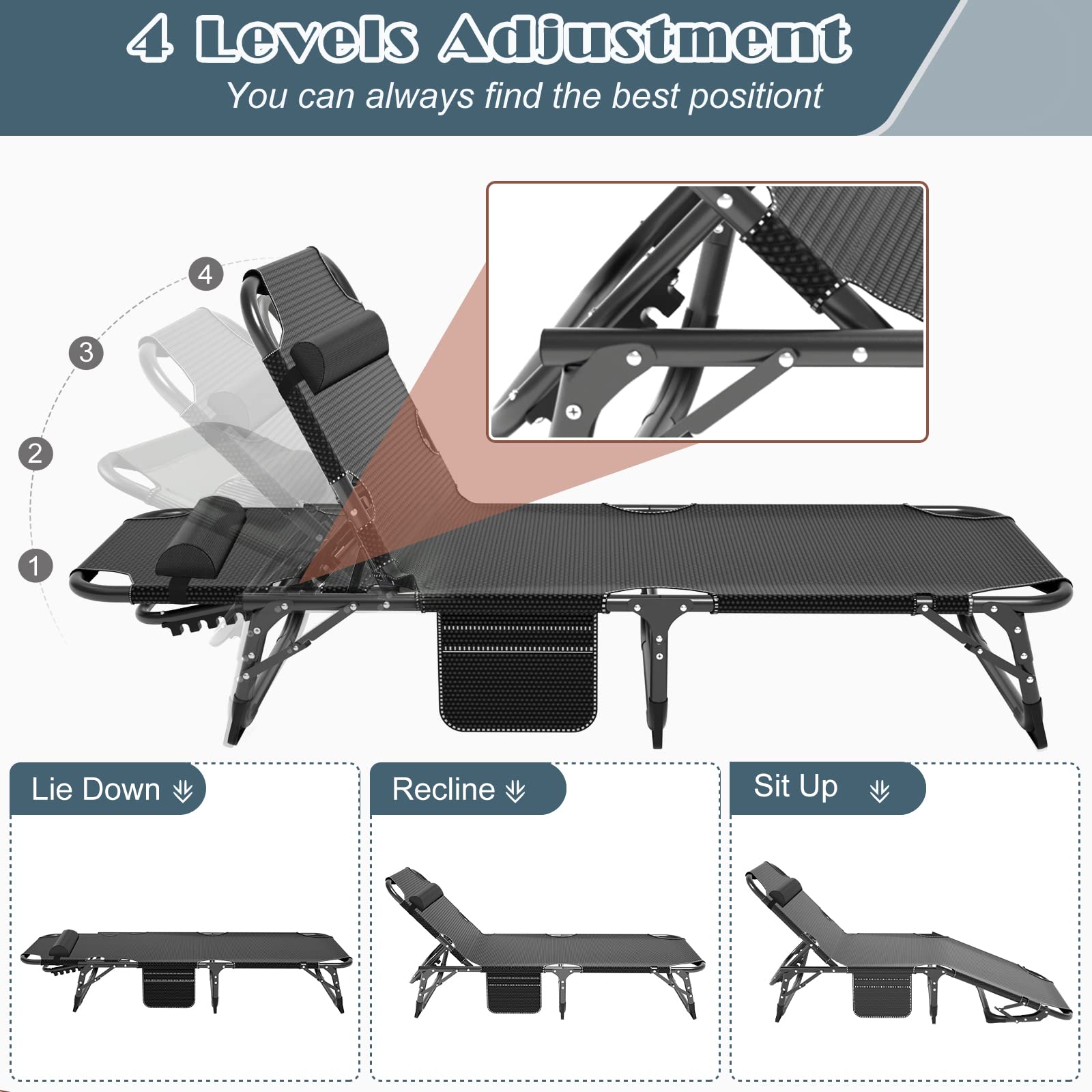 DoCred Heavy Duty Chaise Lounge Chair, Adjustable 5-Position Folding Chaise Lounge Chairs for Outside, Portable Lay Flat Beach Lounge Chair for Outdoor Sunbathing Beach Pool Lawn Camping Gronata