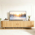 OneBlis 70" Mid Century Modern TV Stand, Wood TV Consoles with Sliding Doors and Power Outlet, Entertainment Center with Adjustable Shelves, Fluted TV Stands for Living Room, Walnut Gronata