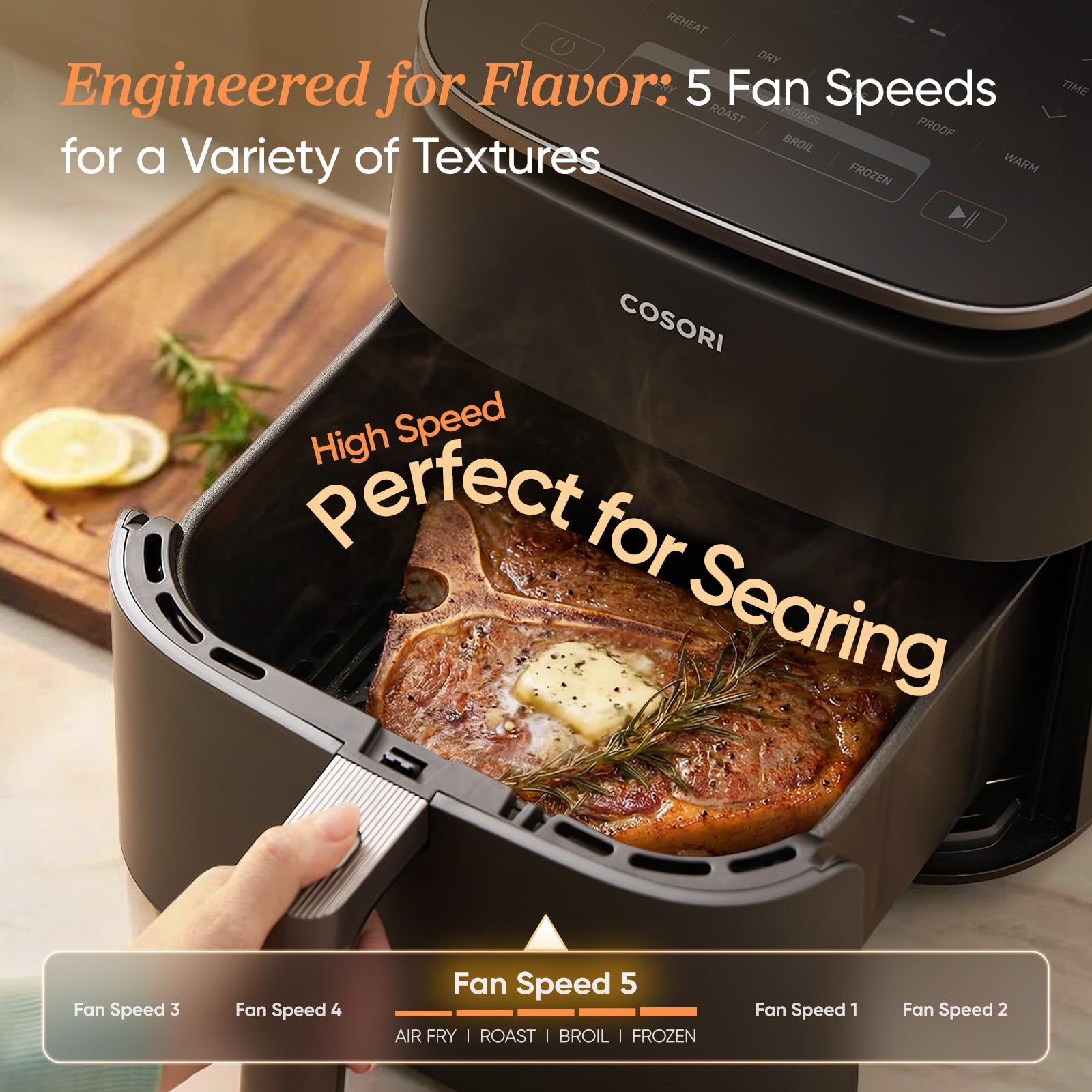 Cosori 9-in-1 TurboBlaze Air Fryer 6 Qt, PFAS-Free Ceramic Coating, 90°–450°F, Precise Heating for Even Results, Air Fry, Roast, Bake, Broil, Dry, Frozen, Proof, Reheat, Keep Warm, 120V, Dark Gray Gronata