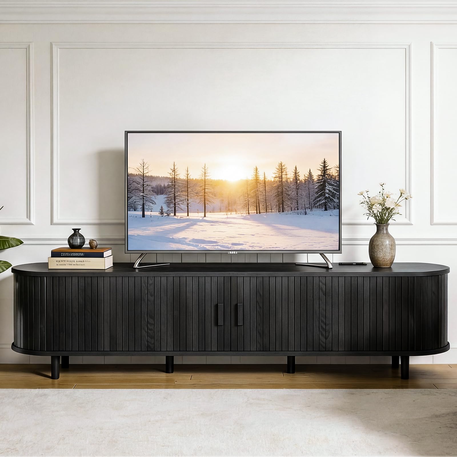 OneBlis 70" Mid Century Modern TV Stand, Wood TV Consoles with Sliding Doors and Power Outlet, Entertainment Center with Adjustable Shelves, Fluted TV Stands for Living Room, Walnut Gronata