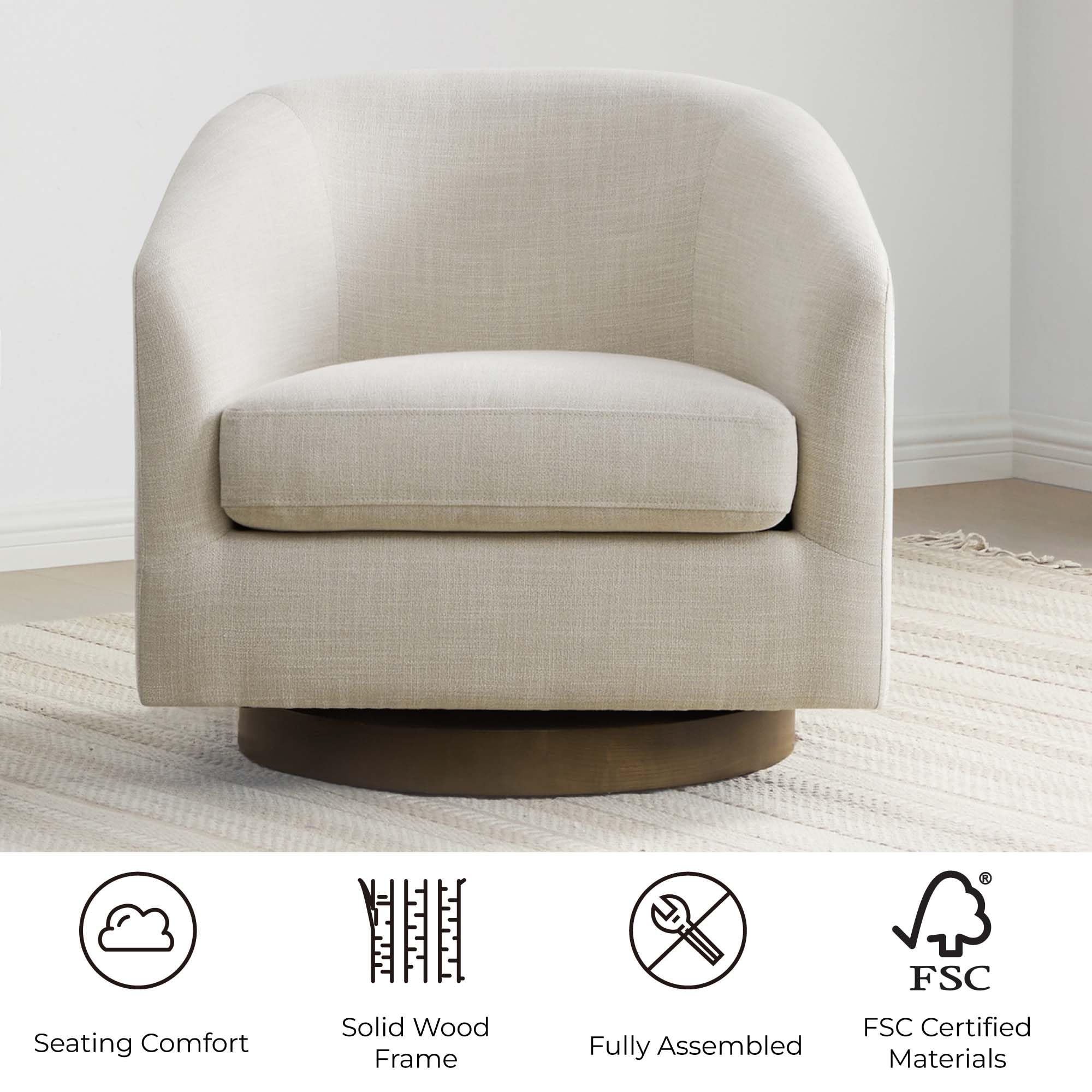 CHITA Swivel Accent Chair, Fully Assembled Fabric Barrel Armchair with FSC Certified Upholstered for Living Room, Bedroom and Office, Cream Gronata