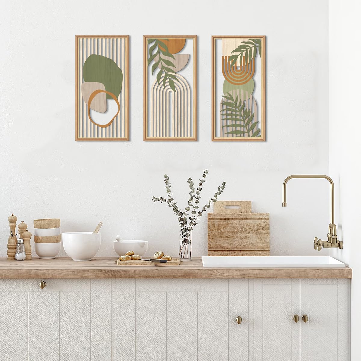 IARTTOP Large Boho Mid-century Modern Wood Wall Art 16x32 Inch Framed Green Abstract Leaf Wooden Wall Decor Bohemian Minimalist Geometric Wall Art Decor for Bedroom Living Room Office Set of 3 Gronata