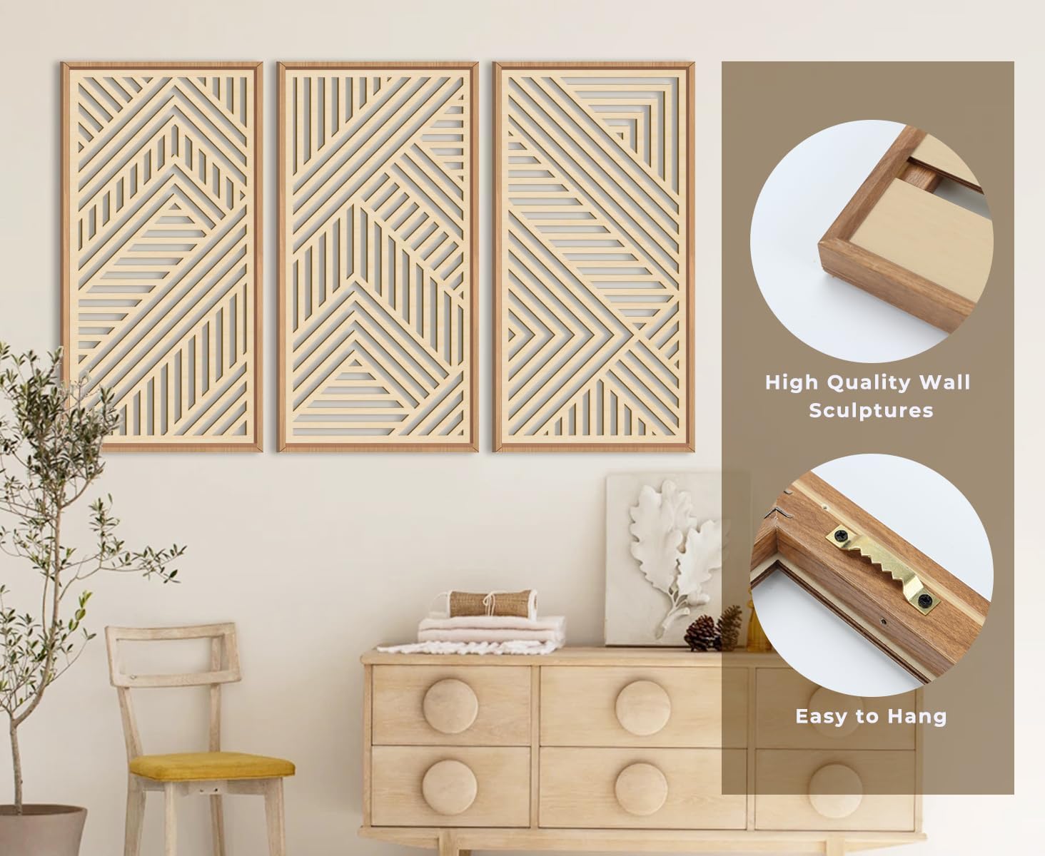 IARTTOP Large Boho Mid-century Modern Wood Wall Art 16x32 Inch Framed Green Abstract Leaf Wooden Wall Decor Bohemian Minimalist Geometric Wall Art Decor for Bedroom Living Room Office Set of 3 Gronata