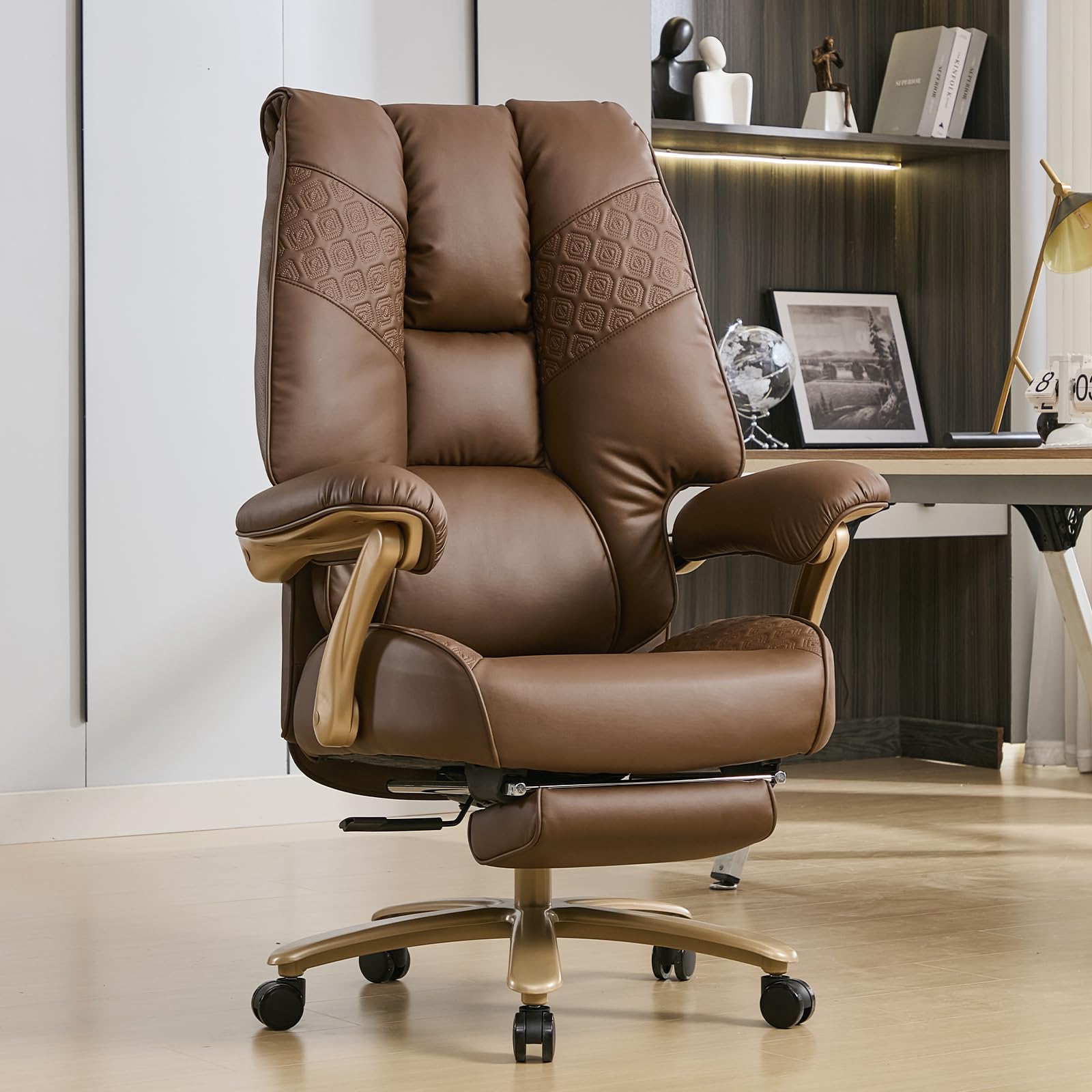 EXCEBET Big and Tall Executive Office Chair with Footrest, 400LBS Capacity Ergonomic High-Back Desk Office Chair with Lumbar Support, Padded Armrests & Thick Cushion, White PU Leather Chairs Gronata