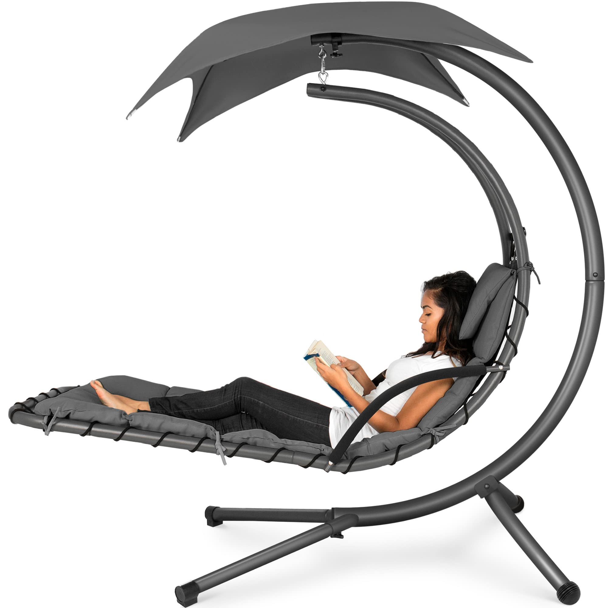 Best Choice Products Outdoor Hanging Curved Steel Chaise Lounge Chair Swing w/Built-in Pillow and Removable Canopy - Navy Blue Gronata