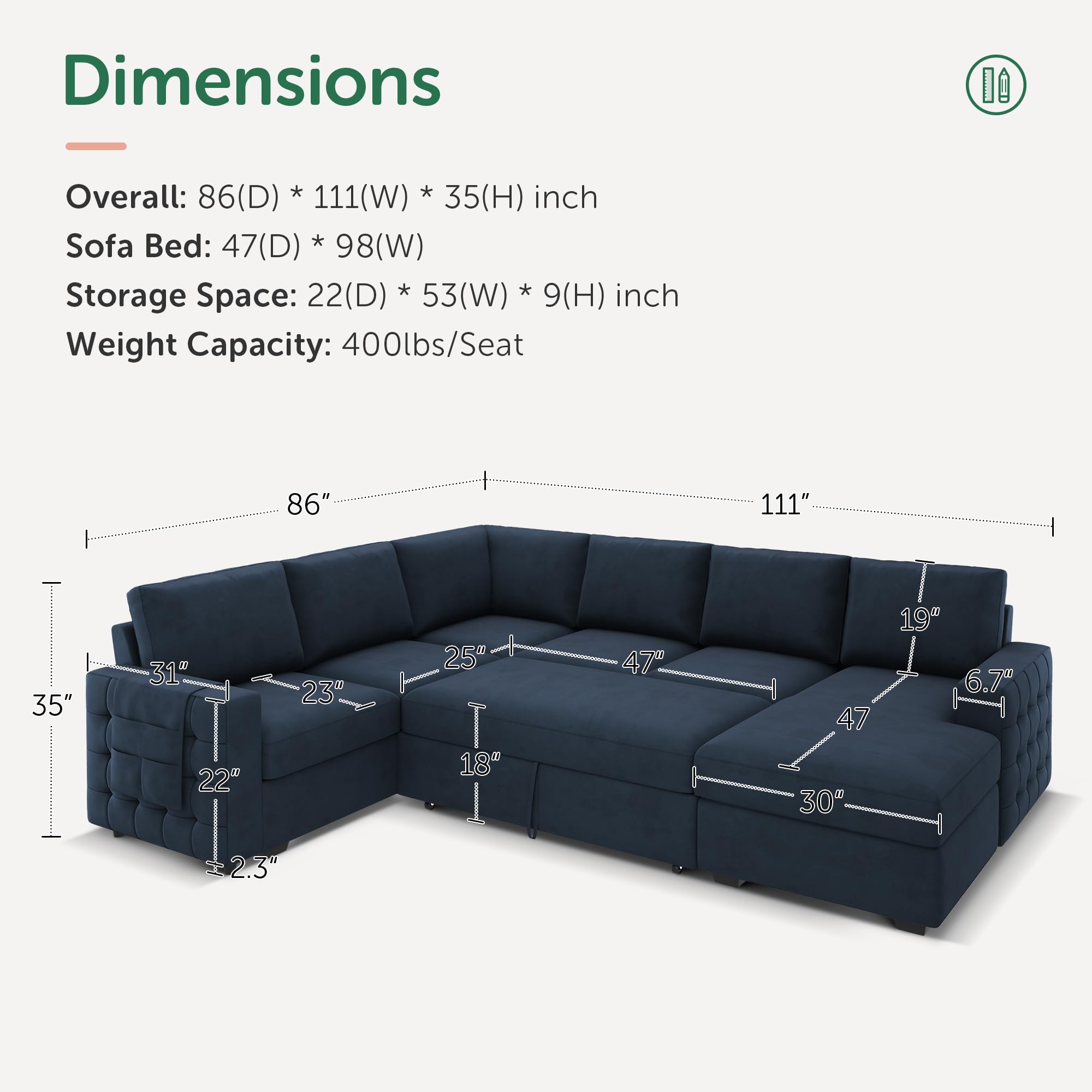 HONBAY Sectional Sleeper Sofa with Pull Out Bed U-Shape Sectional Couch Sleeper Bed with Storage Chaise 6 Seater Sleeper Sectional Sofa, Light Grey Gronata