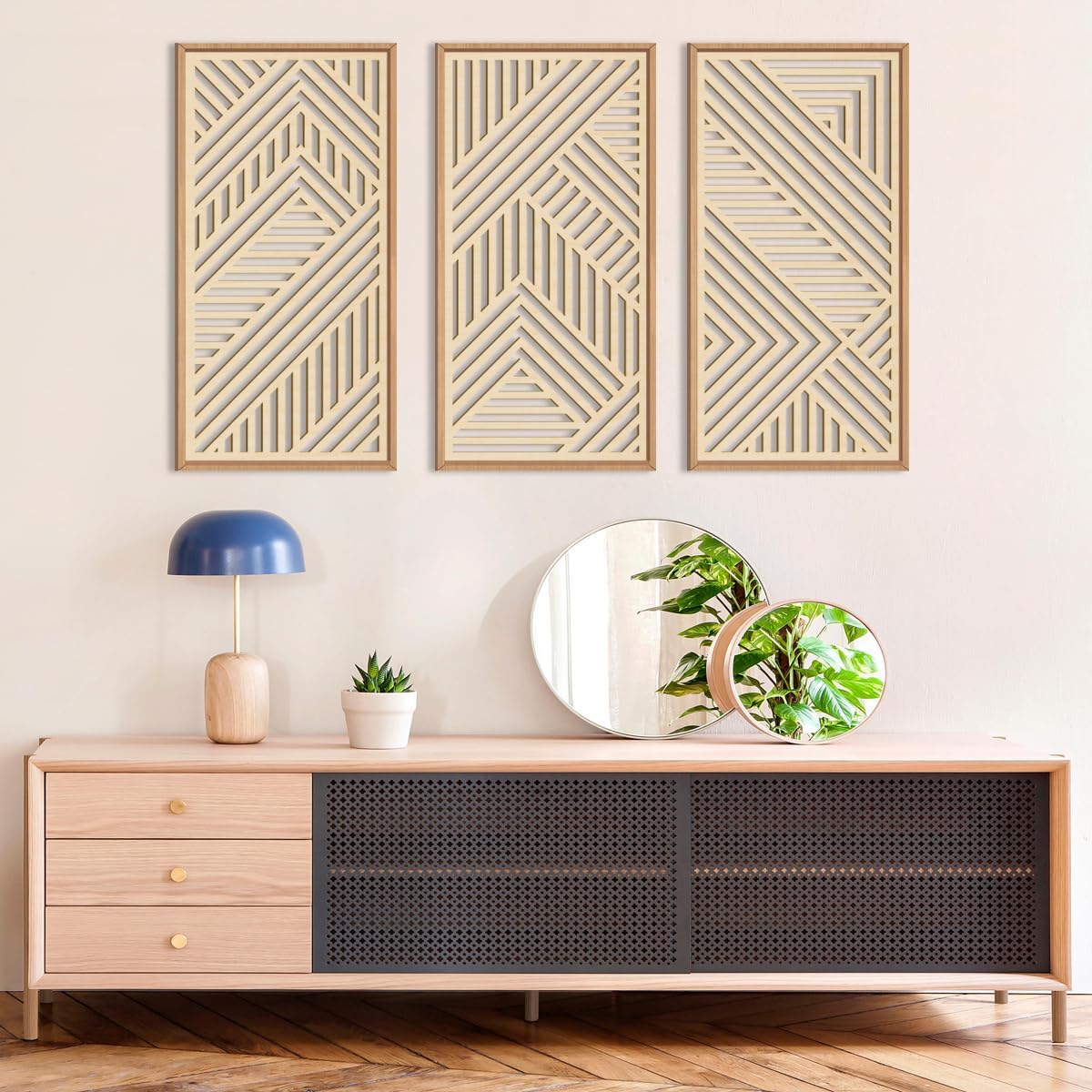 IARTTOP Large Boho Mid-century Modern Wood Wall Art 16x32 Inch Framed Green Abstract Leaf Wooden Wall Decor Bohemian Minimalist Geometric Wall Art Decor for Bedroom Living Room Office Set of 3 Gronata
