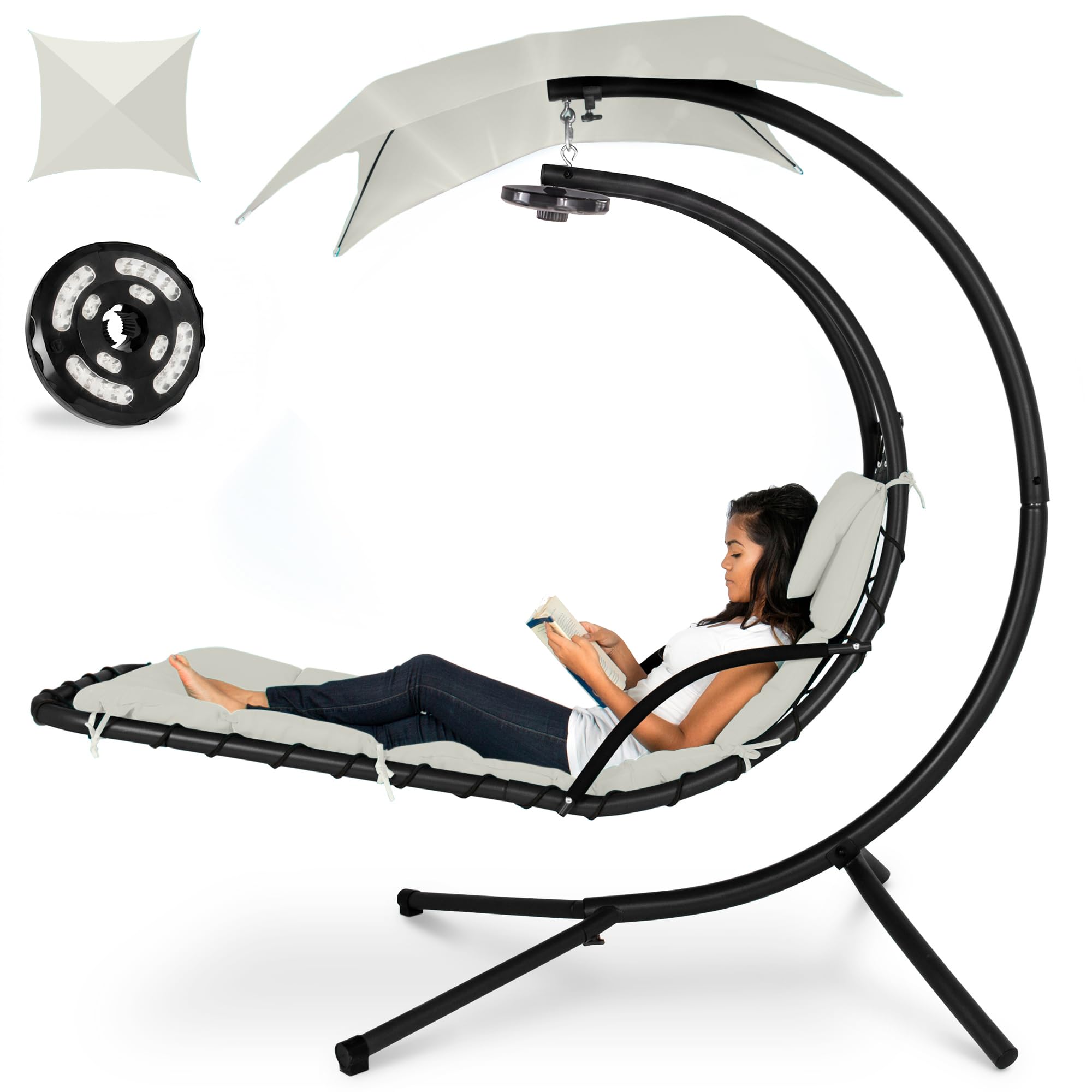 Best Choice Products Outdoor Hanging Curved Steel Chaise Lounge Chair Swing w/Built-in Pillow and Removable Canopy - Navy Blue Gronata