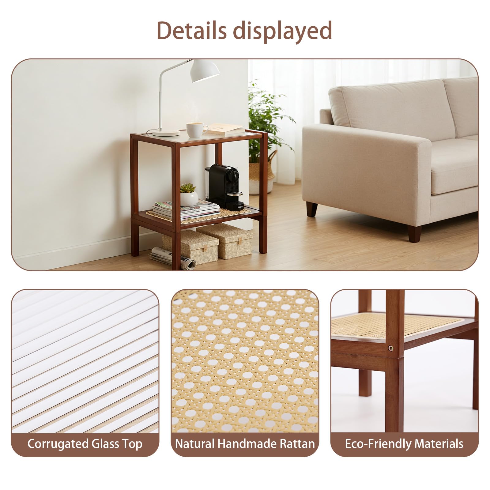 Tiita Rattan Coffee Table, Bamboo Accent Bedside Tables, Glass Nightstand Side Table, Boho Wooden End Table with Storage for Living Room,Living Room, Dining Room, Tea, Home Décor Gronata