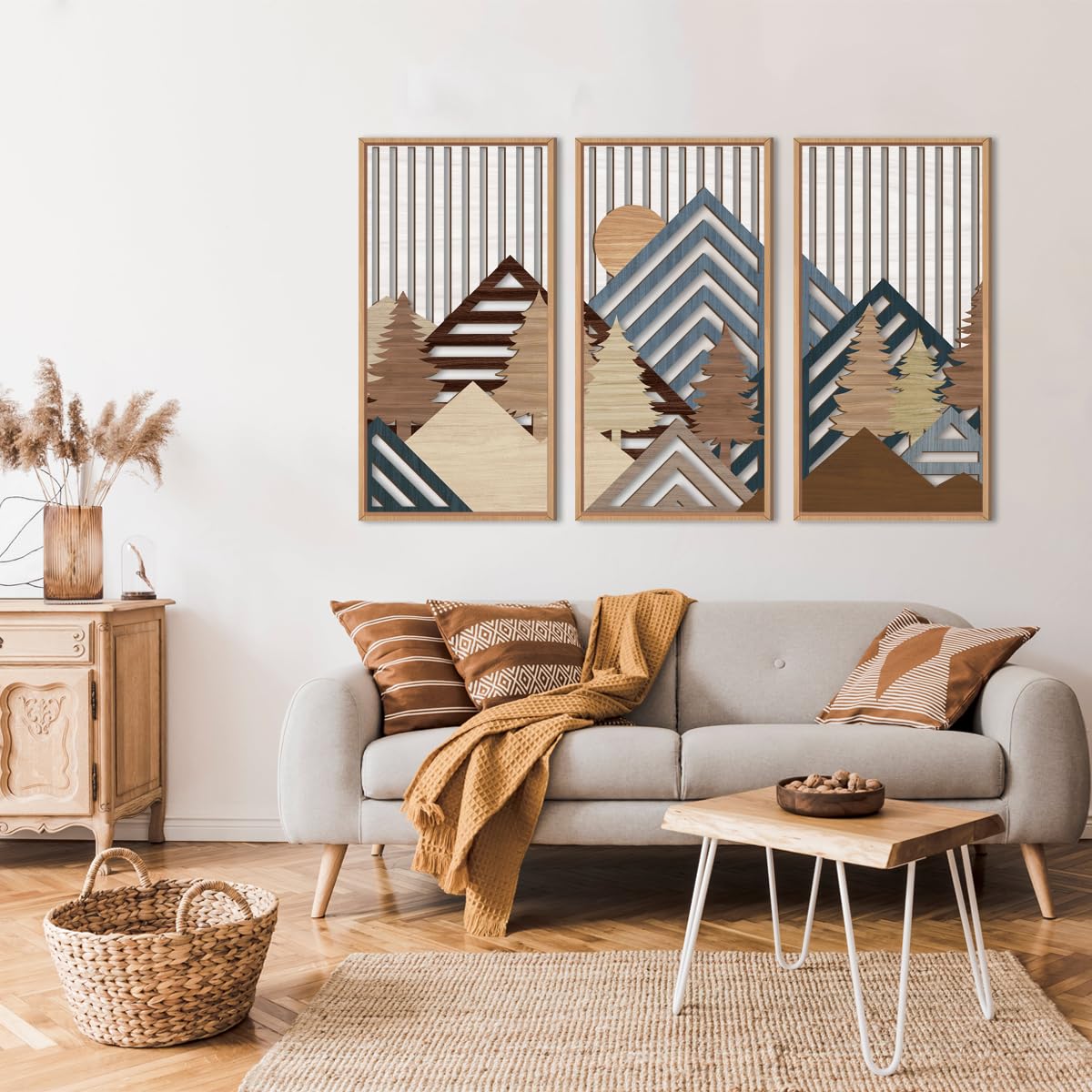 IARTTOP Large Boho Mid-century Modern Wood Wall Art 16x32 Inch Framed Green Abstract Leaf Wooden Wall Decor Bohemian Minimalist Geometric Wall Art Decor for Bedroom Living Room Office Set of 3 Gronata