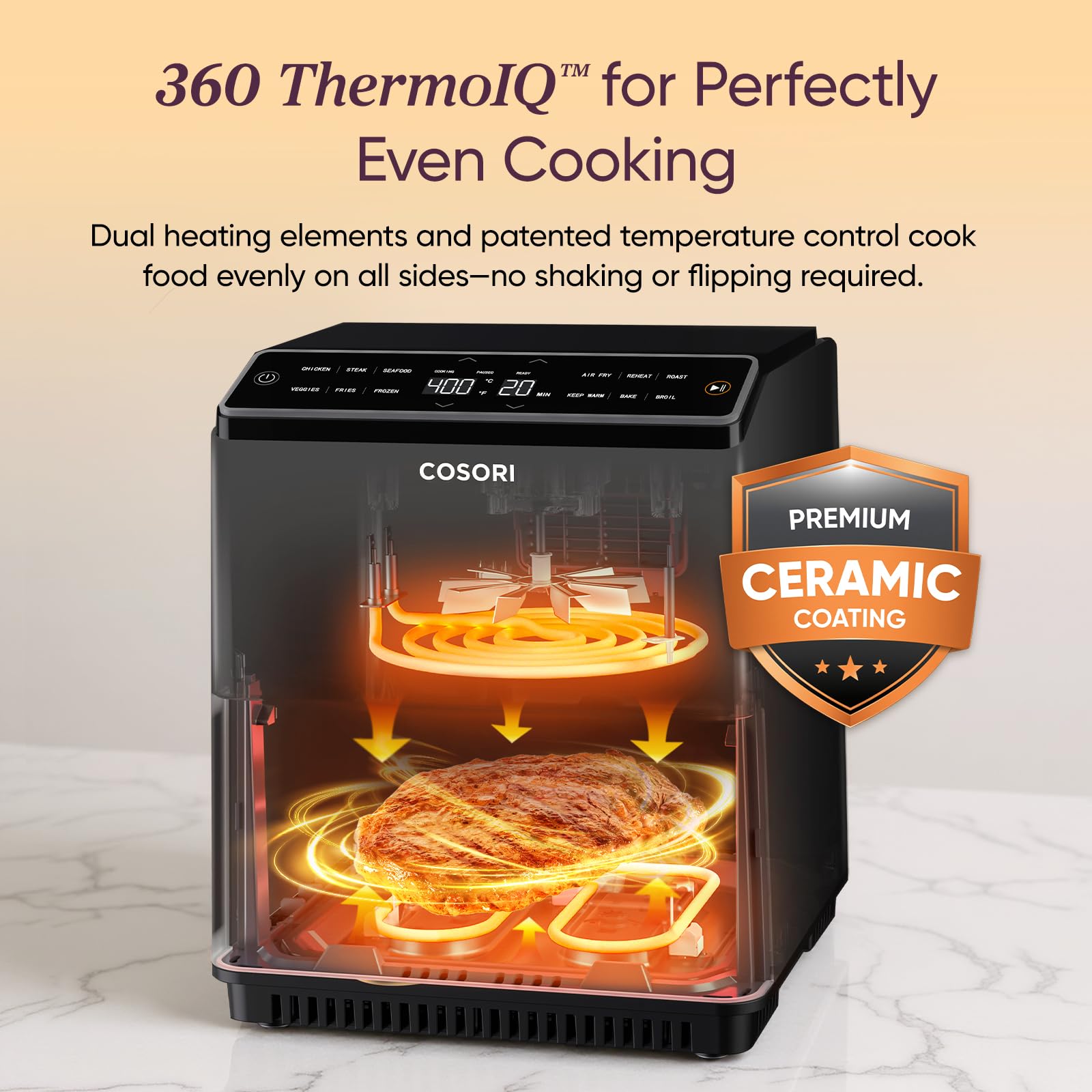 Cosori 9-in-1 TurboBlaze Air Fryer 6 Qt, PFAS-Free Ceramic Coating, 90°–450°F, Precise Heating for Even Results, Air Fry, Roast, Bake, Broil, Dry, Frozen, Proof, Reheat, Keep Warm, 120V, Dark Gray Gronata