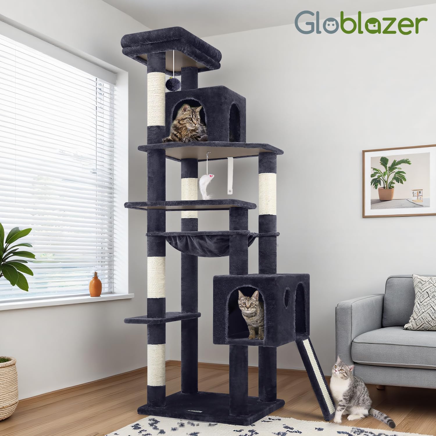 Globlazer Heavy Duty Cat Tree, 70 inch Sturdy Cat Tree for Indoor Cats Extra Large Cat Tower with Scratching Post, Hammock, Cat Condo for Adult Cats Kittens, F70 Pro, Light Grey Gronata
