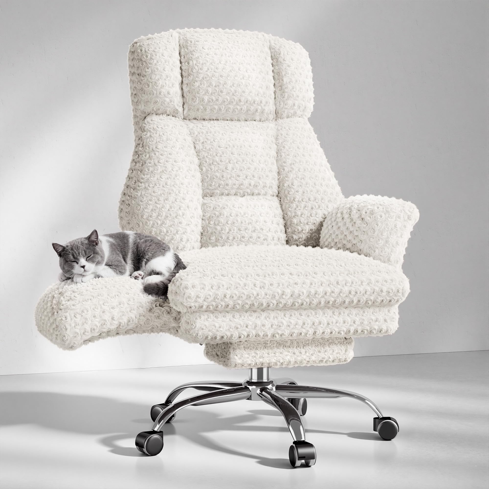 Big and Tall Office Chair, Flip Armrests for Pets & Cross Legged Sitting, Executive Ergonomic Computer Gaming Chair with Foot Rest, Teddy Fleece Wide Seat Reclining Desk Chair, White Vanity Chair Gronata