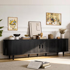 OneBlis 70" Mid Century Modern TV Stand, Wood TV Consoles with Sliding Doors and Power Outlet, Entertainment Center with Adjustable Shelves, Fluted TV Stands for Living Room, Walnut Gronata
