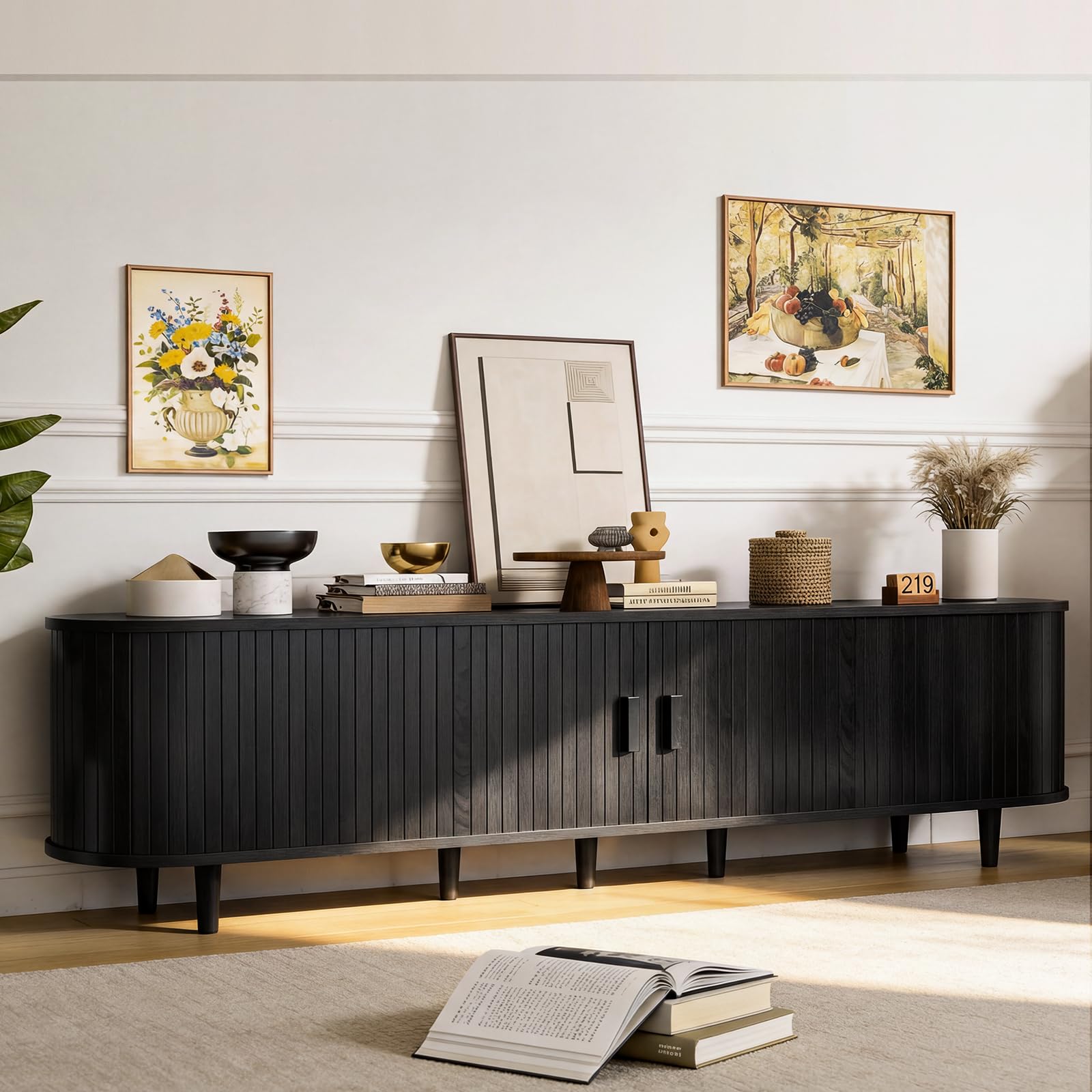 OneBlis 70" Mid Century Modern TV Stand, Wood TV Consoles with Sliding Doors and Power Outlet, Entertainment Center with Adjustable Shelves, Fluted TV Stands for Living Room, Walnut Gronata