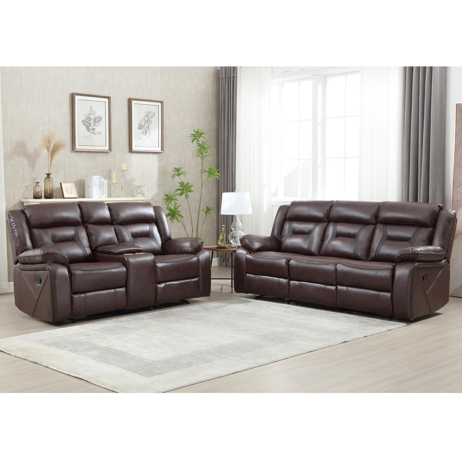 EBELLO Faux Leather Recliner Sofa Furniture Set for Living Room, 2 Recliner Chairs, 3 Seat Reclining Sofa Couch Set for Meeting Room, Brown Gronata