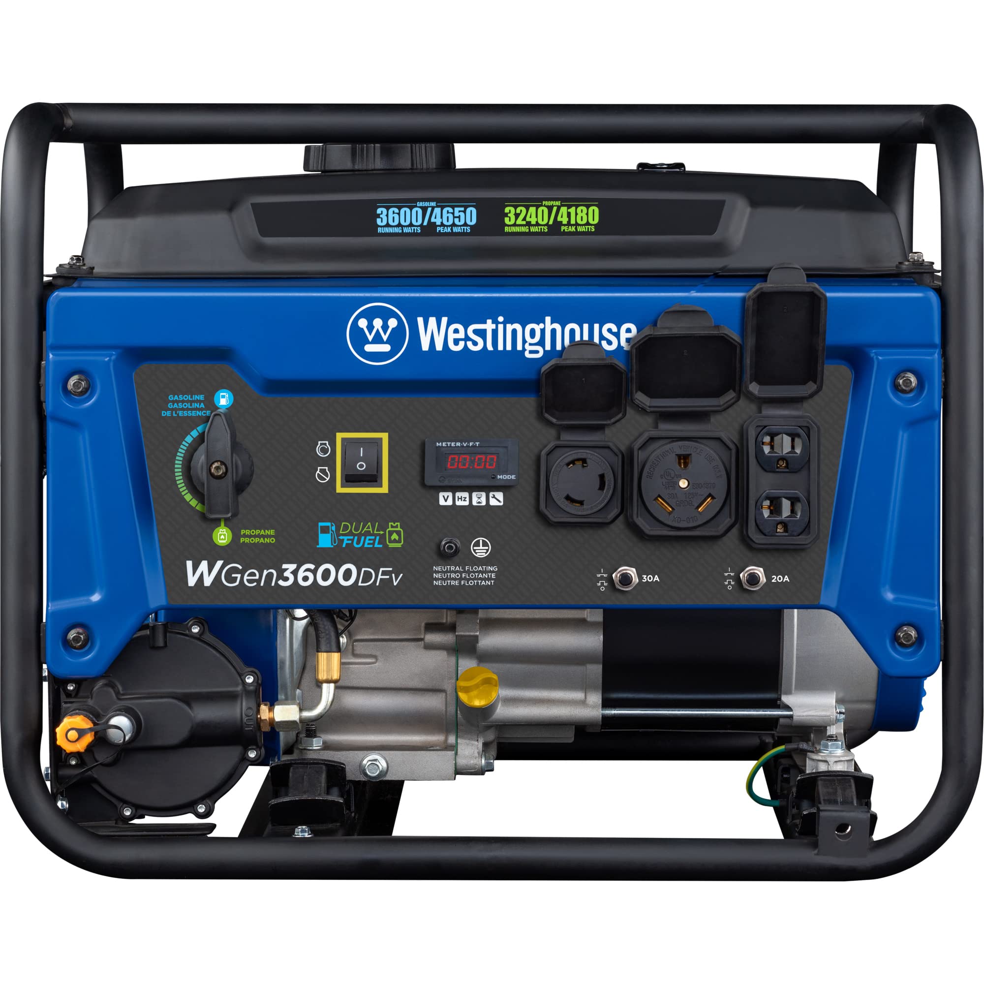 Westinghouse 4650 Peak Watt Dual Fuel Portable Generator, Remote Electric Start with Auto Choke, RV Ready 30A Outlet, Gas & Propane Powered, CO Sensor Gronata