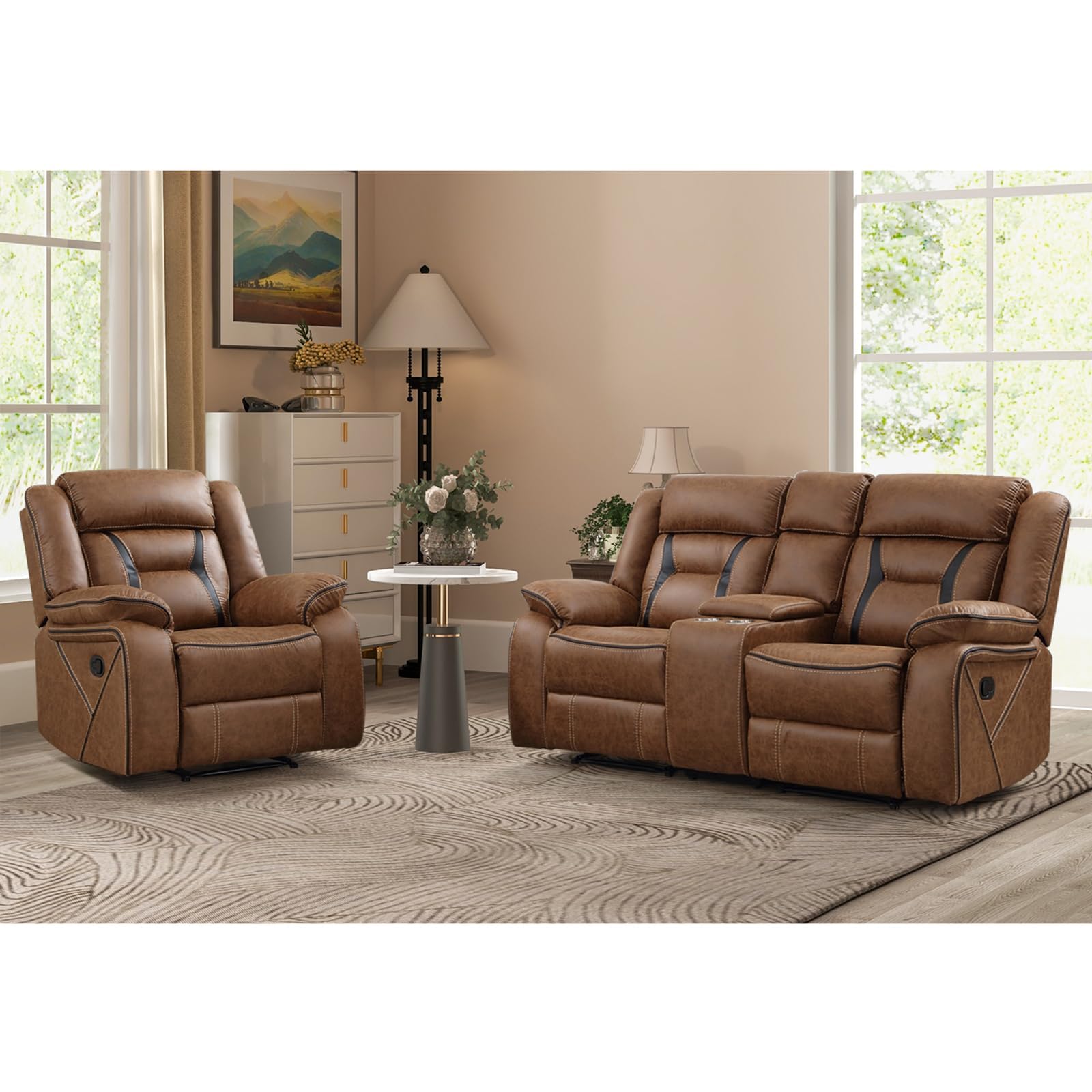 EBELLO Faux Leather Recliner Sofa Furniture Set for Living Room, 2 Recliner Chairs, 3 Seat Reclining Sofa Couch Set for Meeting Room, Brown Gronata