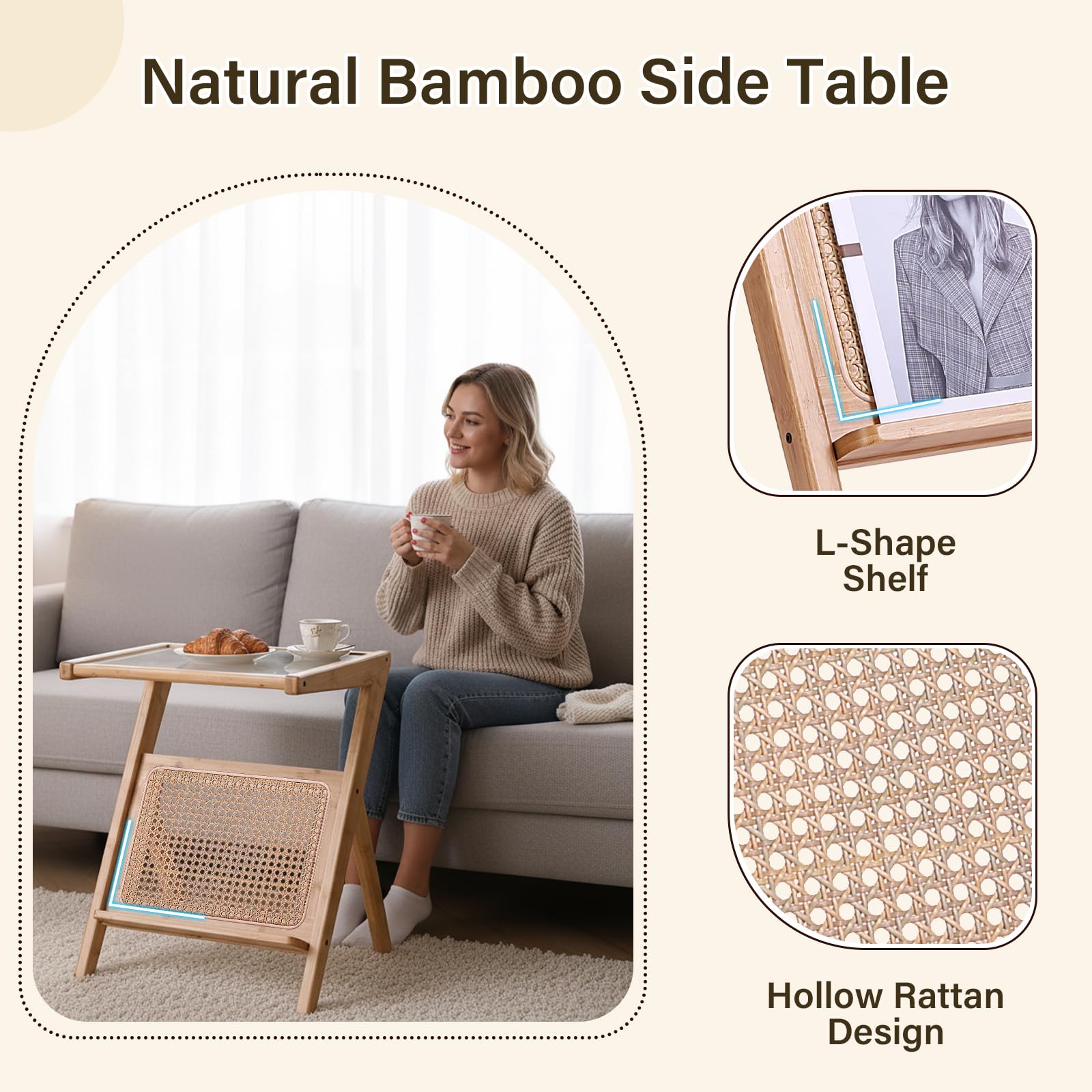 Tiita Rattan Coffee Table, Bamboo Accent Bedside Tables, Glass Nightstand Side Table, Boho Wooden End Table with Storage for Living Room,Living Room, Dining Room, Tea, Home Décor Gronata