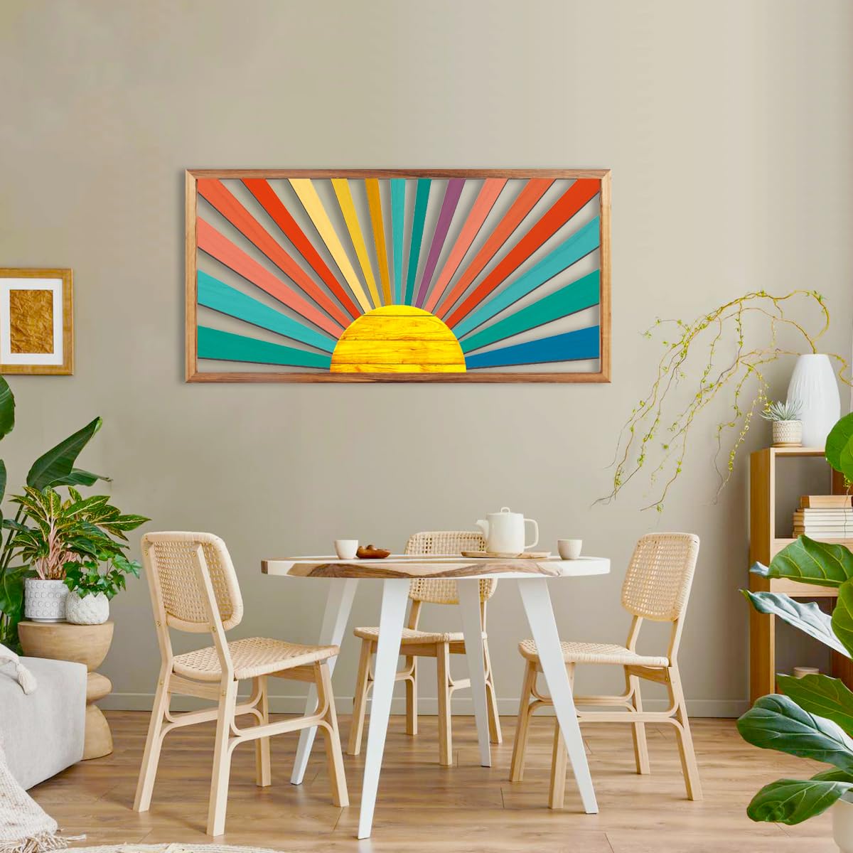 IARTTOP Large Boho Mid-century Modern Wood Wall Art 16x32 Inch Framed Green Abstract Leaf Wooden Wall Decor Bohemian Minimalist Geometric Wall Art Decor for Bedroom Living Room Office Set of 3 Gronata