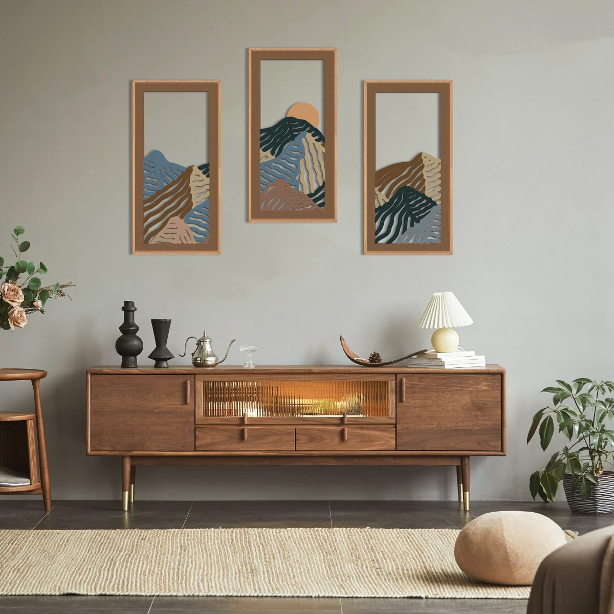 IARTTOP Large Boho Mid-century Modern Wood Wall Art 16x32 Inch Framed Green Abstract Leaf Wooden Wall Decor Bohemian Minimalist Geometric Wall Art Decor for Bedroom Living Room Office Set of 3 Gronata