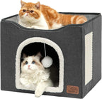 Bedsure Cat Beds for Indoor Cats - Large Cat Cave for Pet Cat House with Fluffy Ball Hanging and Scratch Pad, Foldable Cat Hideaway, 16.5x16.5x13 inches Gronata
