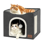 Bedsure Cat Beds for Indoor Cats - Large Cat Cave for Pet Cat House with Fluffy Ball Hanging and Scratch Pad, Foldable Cat Hideaway, 16.5x16.5x13 inches, Grey Gronata