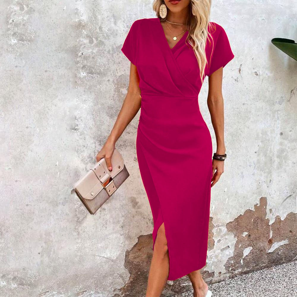 Slim-fit Short-sleeved Dress Fashion Sexy Split V-neck Dress Summer Women's Clothing Gronata