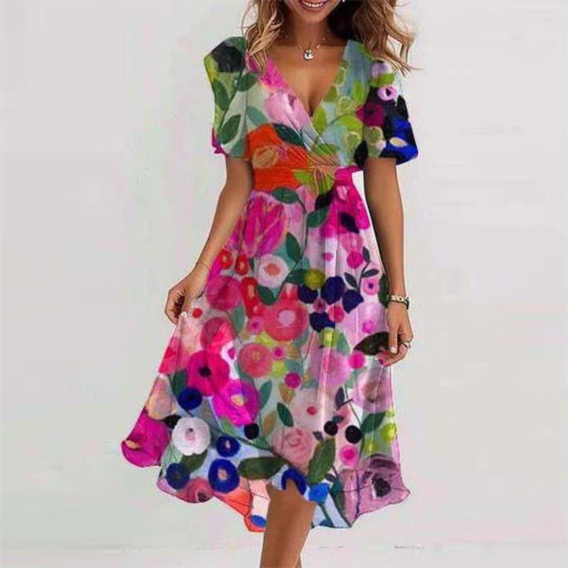 Flowers Printed V-neck Dress Summer A-line Short-sleeved Dresses For Women Gronata