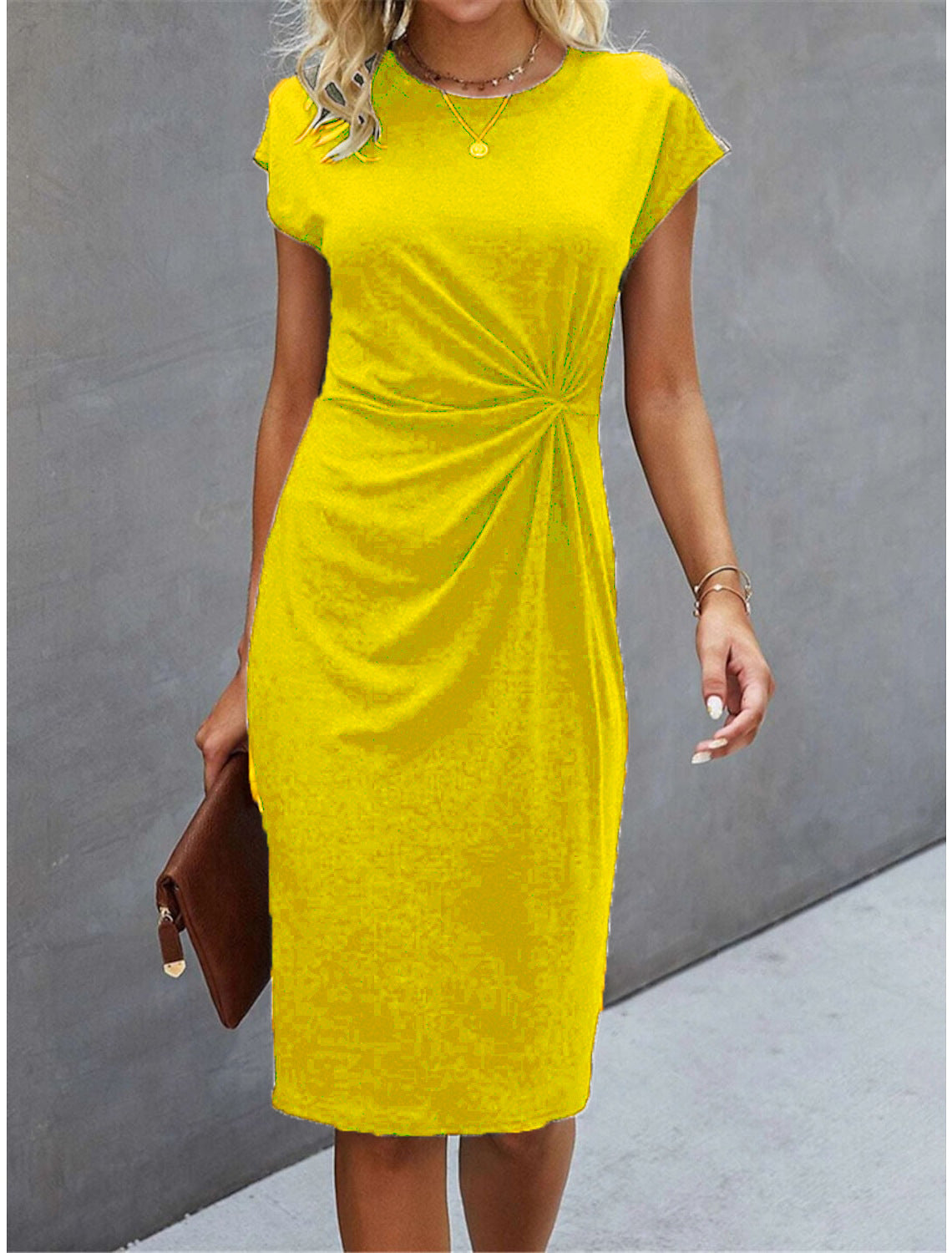 Women's Casual Tight Front Knot Round Neck Mid-length Dress Gronata