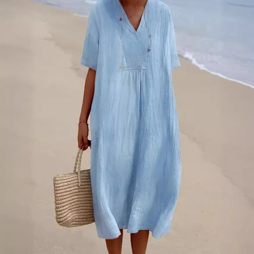 Women's Cotton And Linen Solid Color And V-neck Fashion Style Dress Gronata