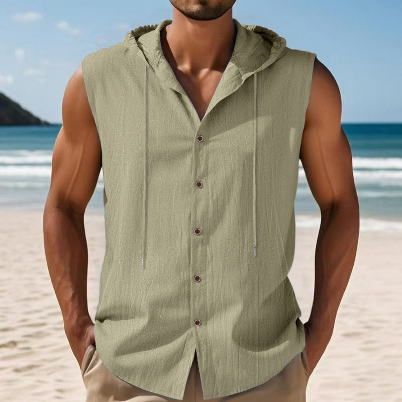 Mens Sleeveless Linen Hooded Shirt Gronata