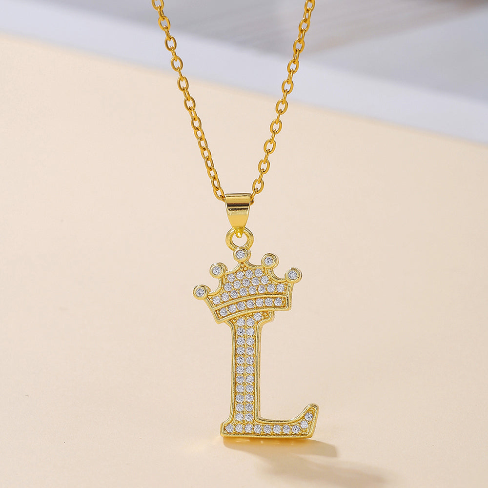 1PCS Fashionable Gold Diamond Crown Uppercase Letter Popular Pendant Necklace Suitable For Daily Use Festivals Parties Gifts Jewelry Set Gronata