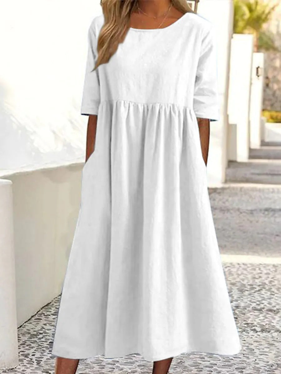 Women's Fashion Casual Cotton Linen Short Sleeve Pocket Dress Gronata