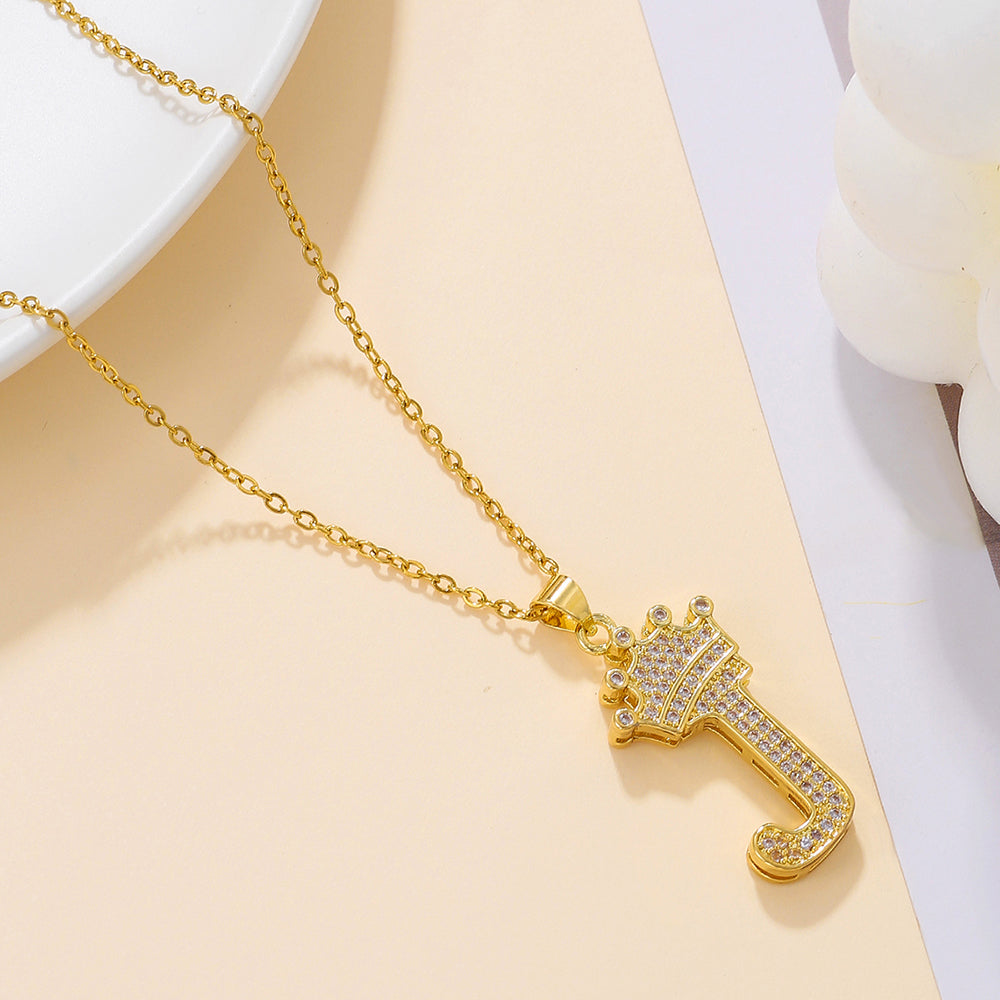1PCS Fashionable Gold Diamond Crown Uppercase Letter Popular Pendant Necklace Suitable For Daily Use Festivals Parties Gifts Jewelry Set Gronata