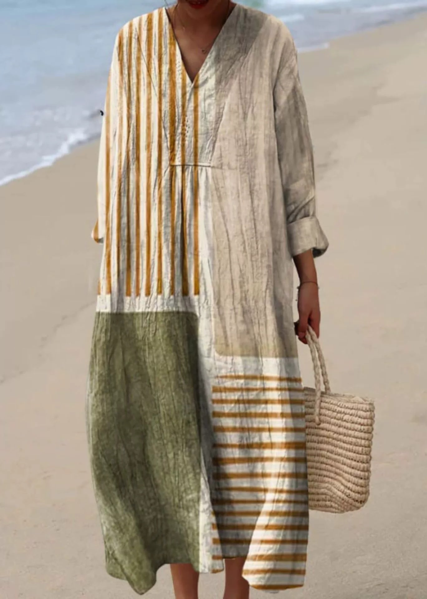 Women's Cotton And Linen Solid Color And V-neck Fashion Style Dress Gronata